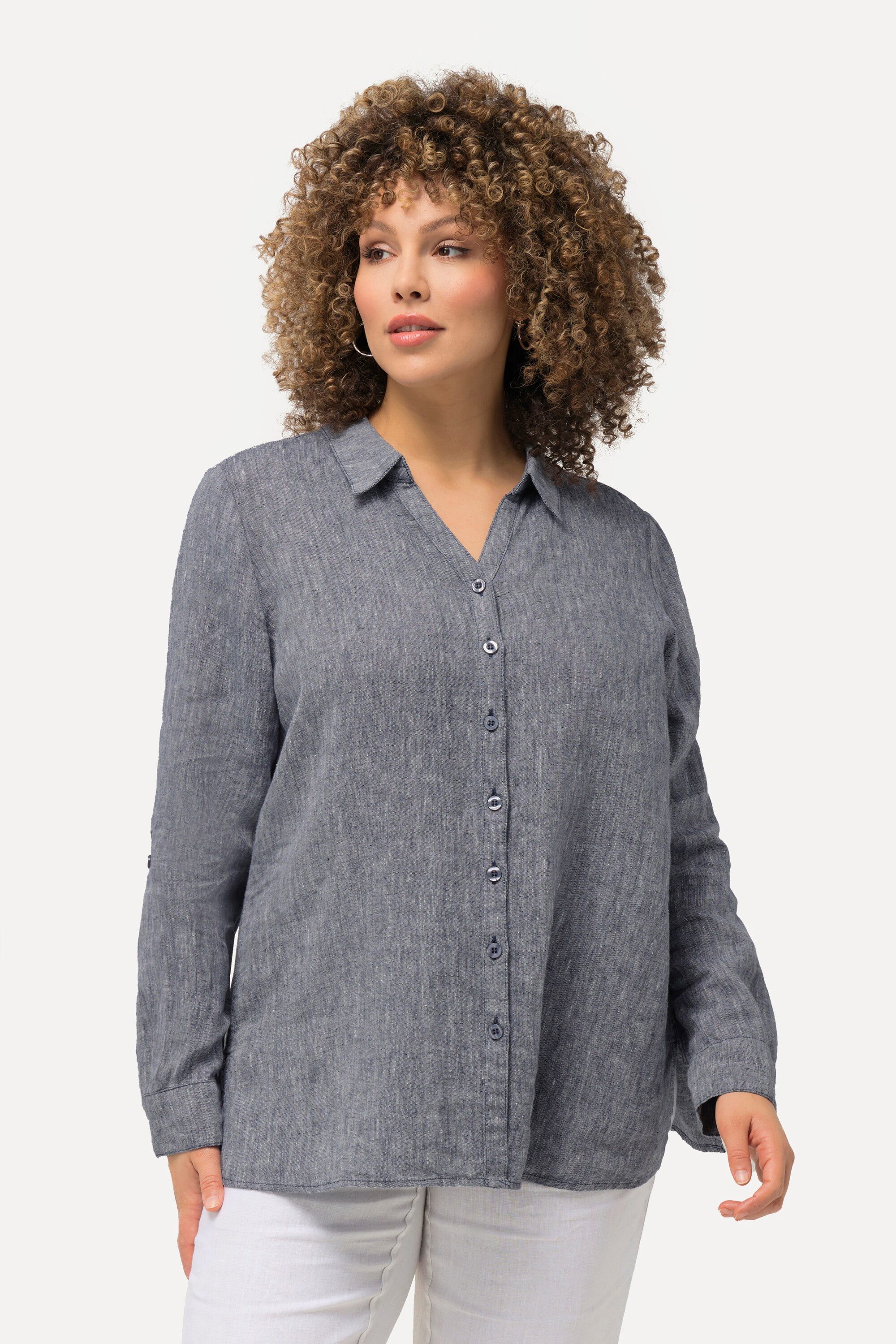 Ulla Popken Hemdbluse Bluse Leinen offener günstig online kaufen