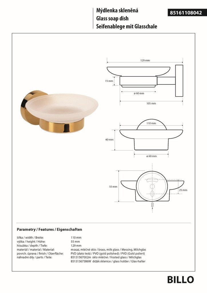 BRILLANTBAD® Seifenschale BILLO Seifenablage Messing Gold poliert Glas Bad >> Bohren / Kleben, Breite: 11 cm