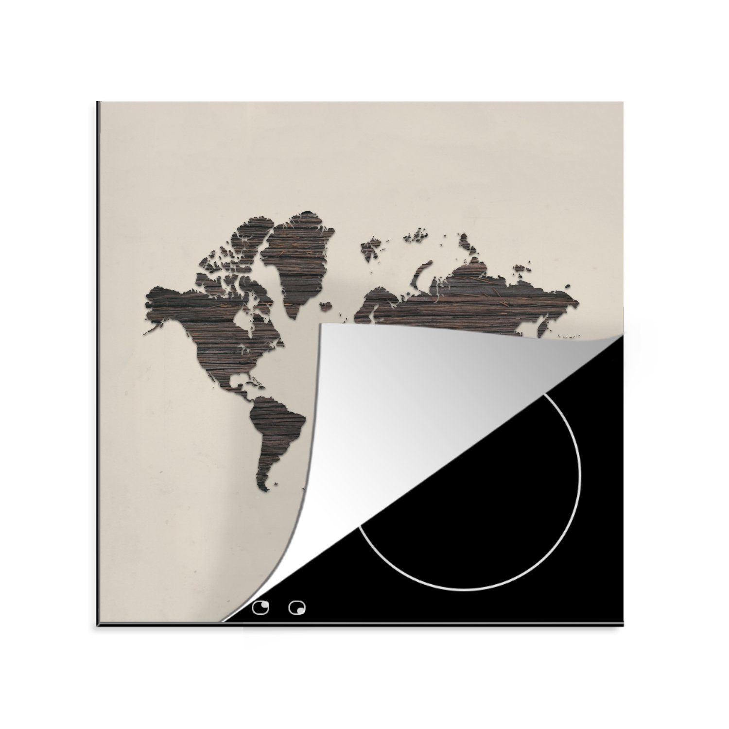 MuchoWow Herdblende-/Abdeckplatte Weltkarte - Braun - Holz, Vinyl, (1 tlg), 78x78 cm, Ceranfeldabdeckung, Arbeitsplatte für küche