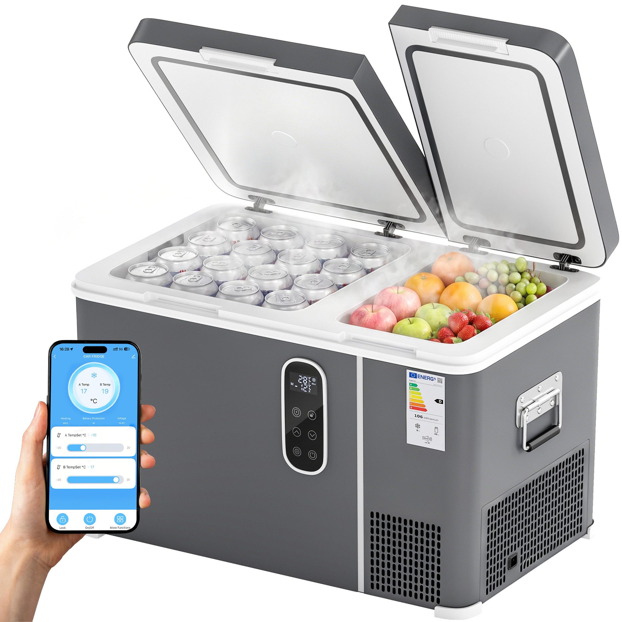 kowdom Kühlbox 35L Kompressor-Kühlbox Dual-Zone mit App, 12V/230V für Auto & Camping, 35 l, Zwei Zonen,App-Steuerung, LED-Display, Schnellkühlung, Doppeldeckel