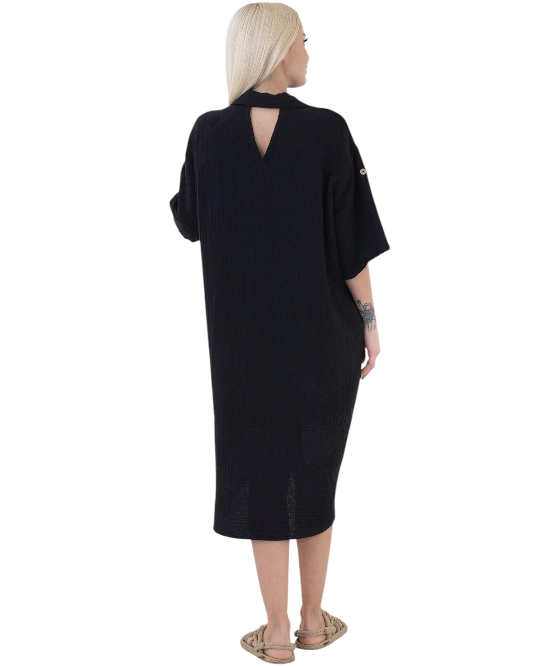 WENOR Blusenkleid Musselin Damen Tunika Kleid Baumwolle Oversize Sommerkleid Locker geschnitten mit Hemdkragen, Knopfleiste und Seitentaschen