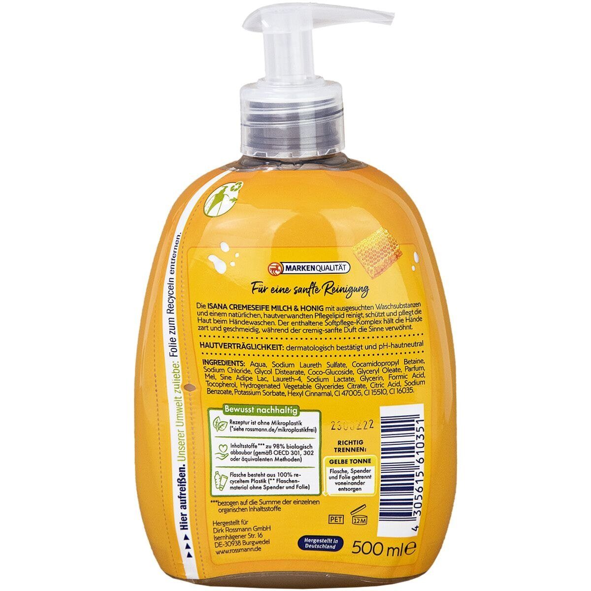 ISANA Flüssigseife Milch & Honig, mit Softpflege-Komplex und Pflegelipid, 500 ml