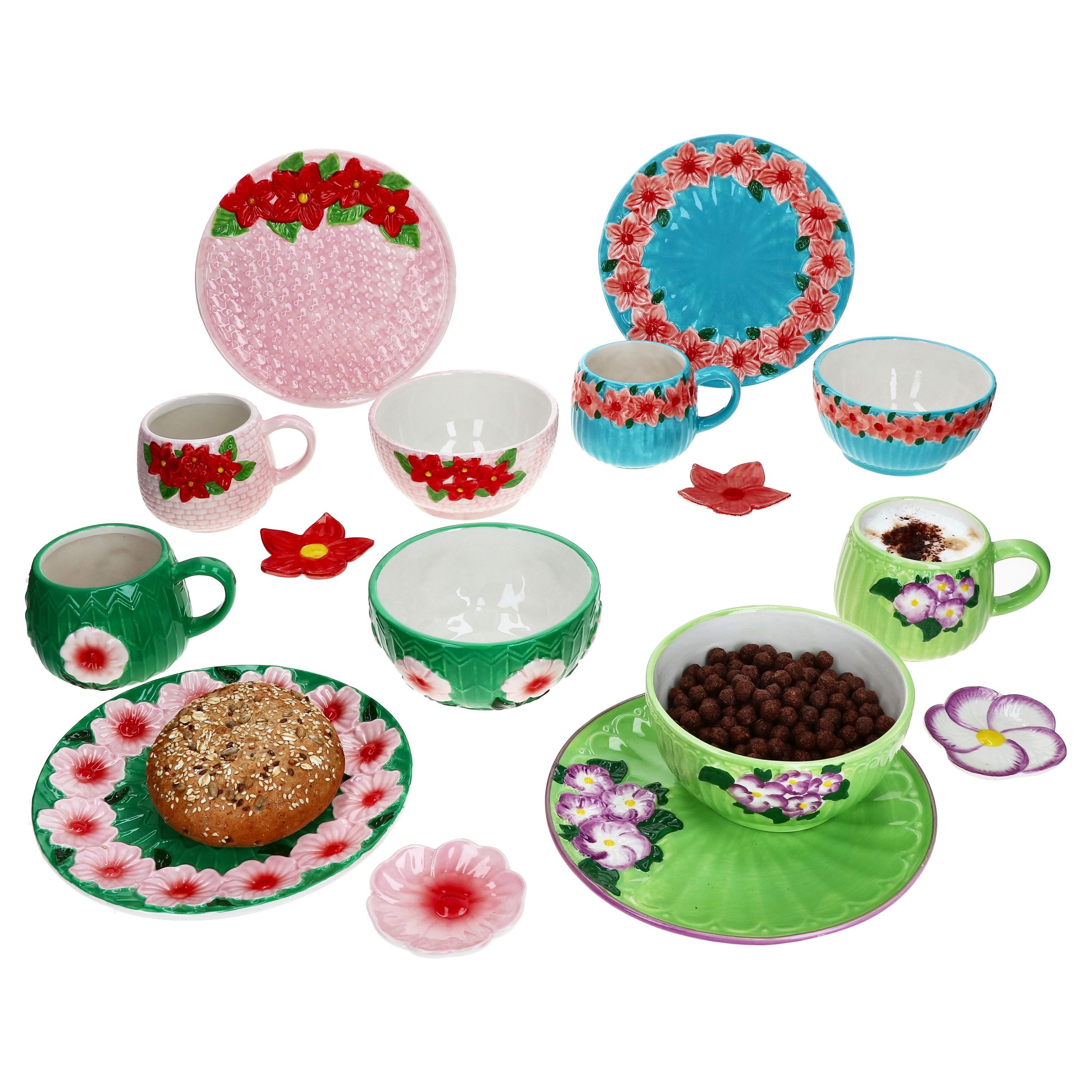Frühstücks-Geschirrset Flori Flower 16tlg Frühstücksset Steingut Teller Becher Schale
