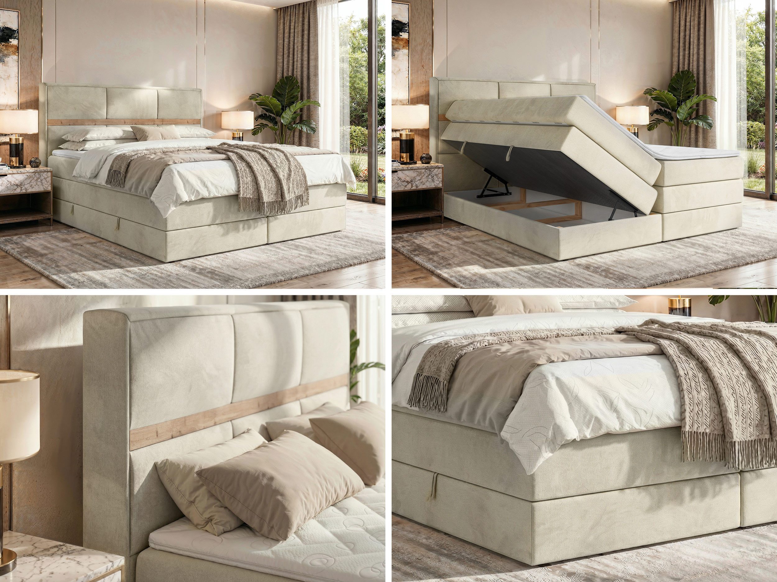 MKS MÖBEL Boxspringbett ORVO KING (Packung, Gepolstertes Kopfteil, Topper T25/Visco, 7-Zonen-Multipocket-Matratzen), Doppelbett mit Bettkästen und Topper, Härtegrad H3/H4