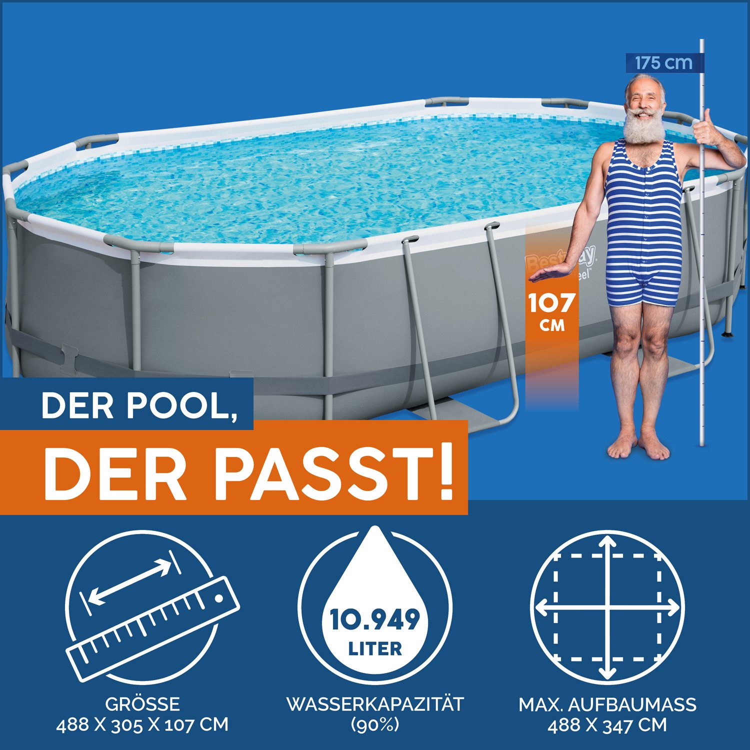 Bestway Framepool Power Steel™ Frame Pool Komplett-Set mit Filterpumpe 488 x 305 x 107