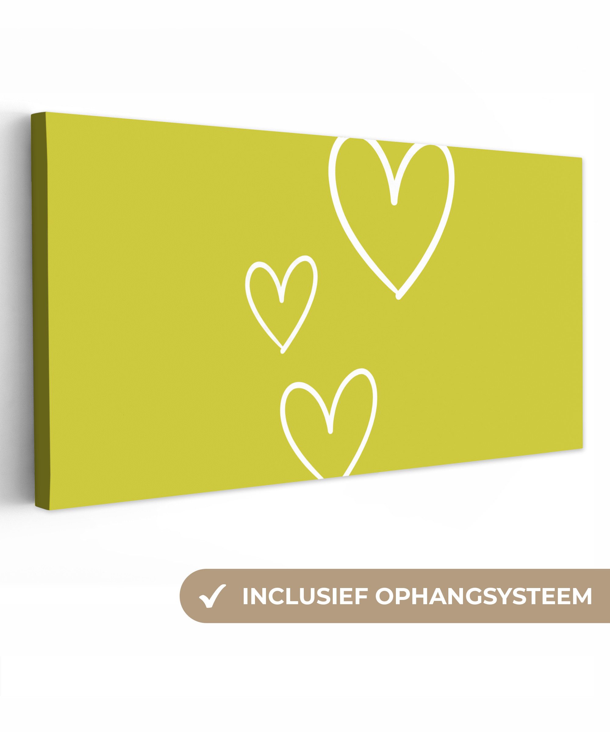 OneMillionCanvasses® Leinwandbild Panorama Grün - Herzen - Weiß, Fotodruck (1 St), Wandbild, Deko Schlafzimmer Wohnzimmer Flur 40x20 cm