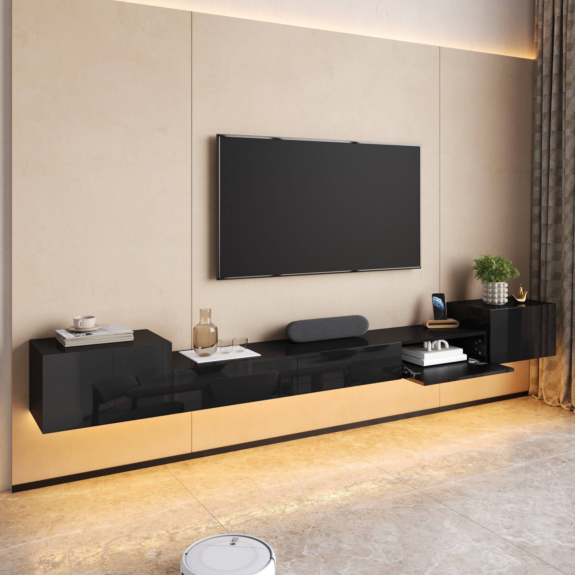 Merax Lowboard mit LED-Beleuchtung, Wandhängendes Fernsehschrank (245 x 30 x 26 cm (L x B x H), 1 St), TV-Schrank mit 3 Türen, Hochglanz-Front, Stauraum & Kabelmanagement