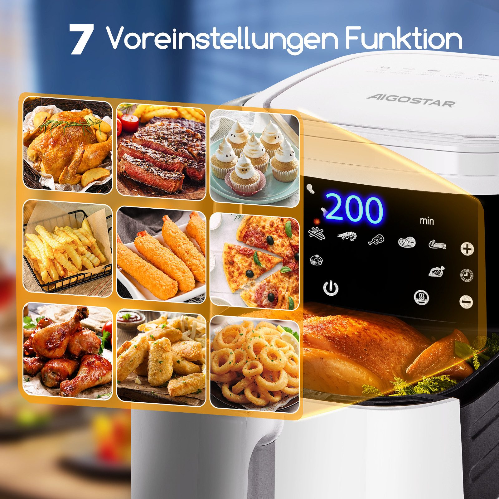 Aigostar Heißluftfritteuse Cube - 7L 1900W Airfryer mit LED-Touchscreen, 7-in-1, Ohne Öl, 90% weniger Fett, 1900,00 W, Temperatursteuerung (80 - 200 °C), 1 - 60 Mins Timer, Memory-Funktion