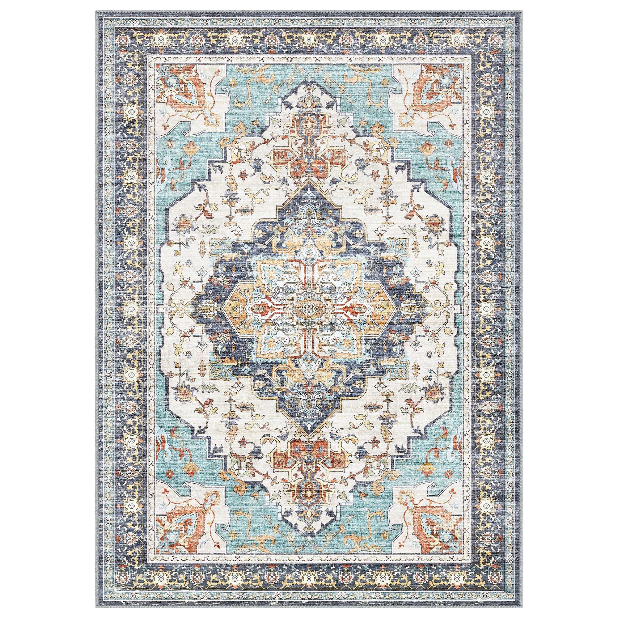 GENIMO Teppich Wohnzimmer Teppich, Boho Vintage, waschbar, rutschfest, Kurzflor, groß, rechteckig, 60x150cm, hellblau