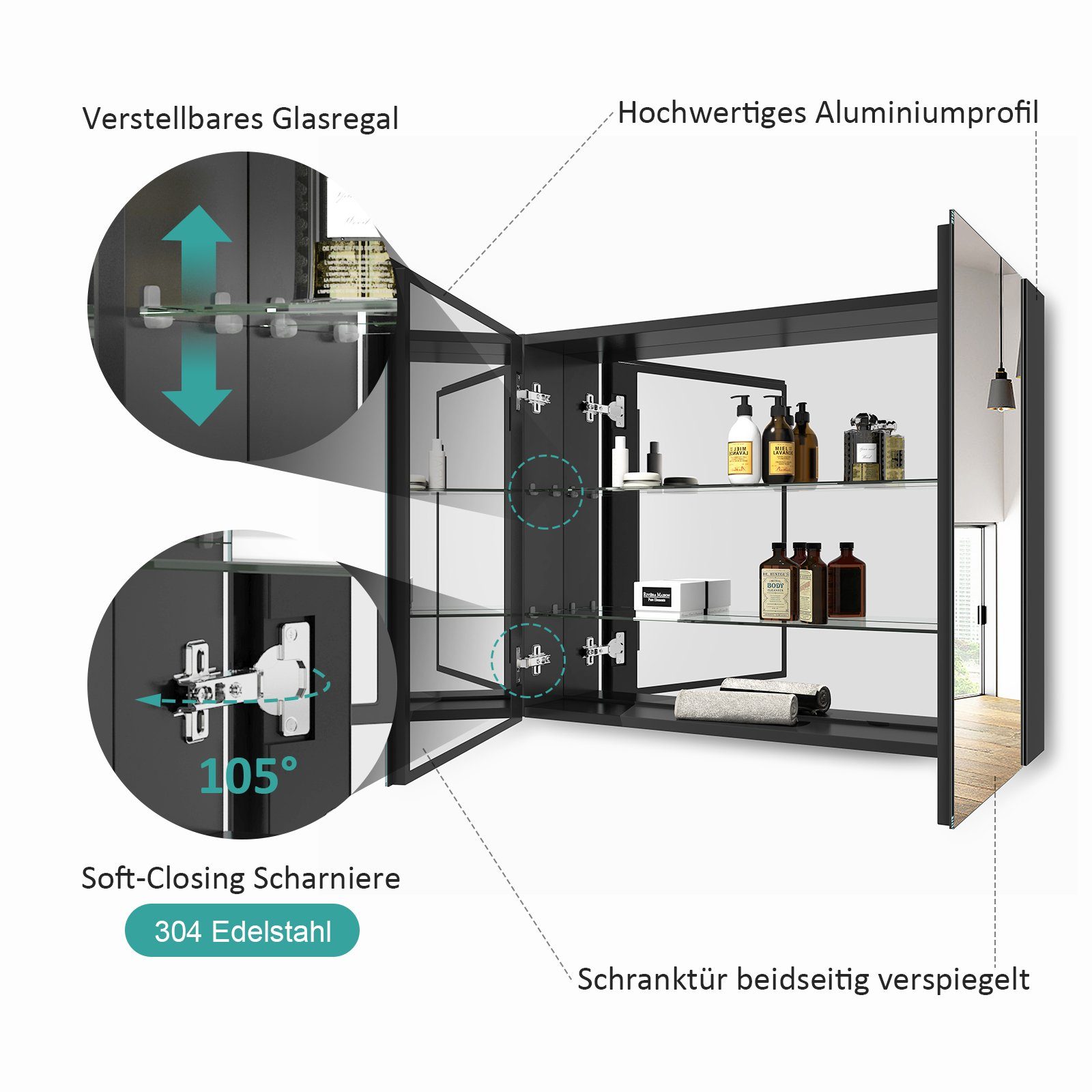 EMKE Spiegelschrank bad 75×65 /85×65cm 2-türig Badspiegelschrank Verstellbare Glasregale mit Stauraum und verstellbaren Regalen Badezimmerspiegelschrank