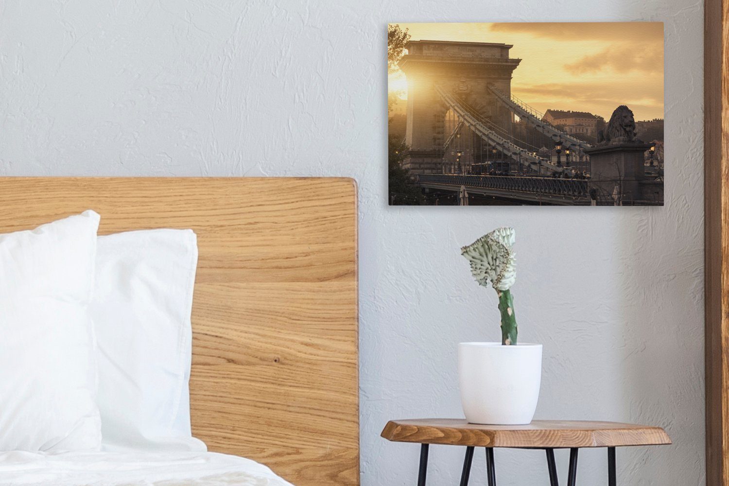 30x20 St), Budapest - cm Wanddeko, Leinwandbild OneMillionCanvasses® Kettenbrücke - Wandbild Aufhängefertig, Leinwandbilder, Sonne, (1