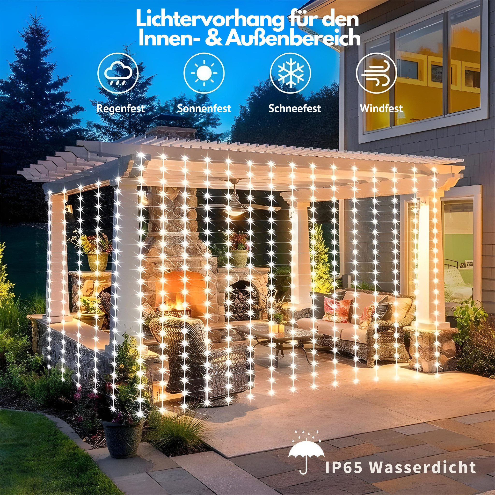 HS.SUPPLY LED-Lichtervorhang Solar Lichterkette, Solar Licht Garten – 8 Modi, Solarbetriebener Lichtervorhang, Outdoor & Indoor