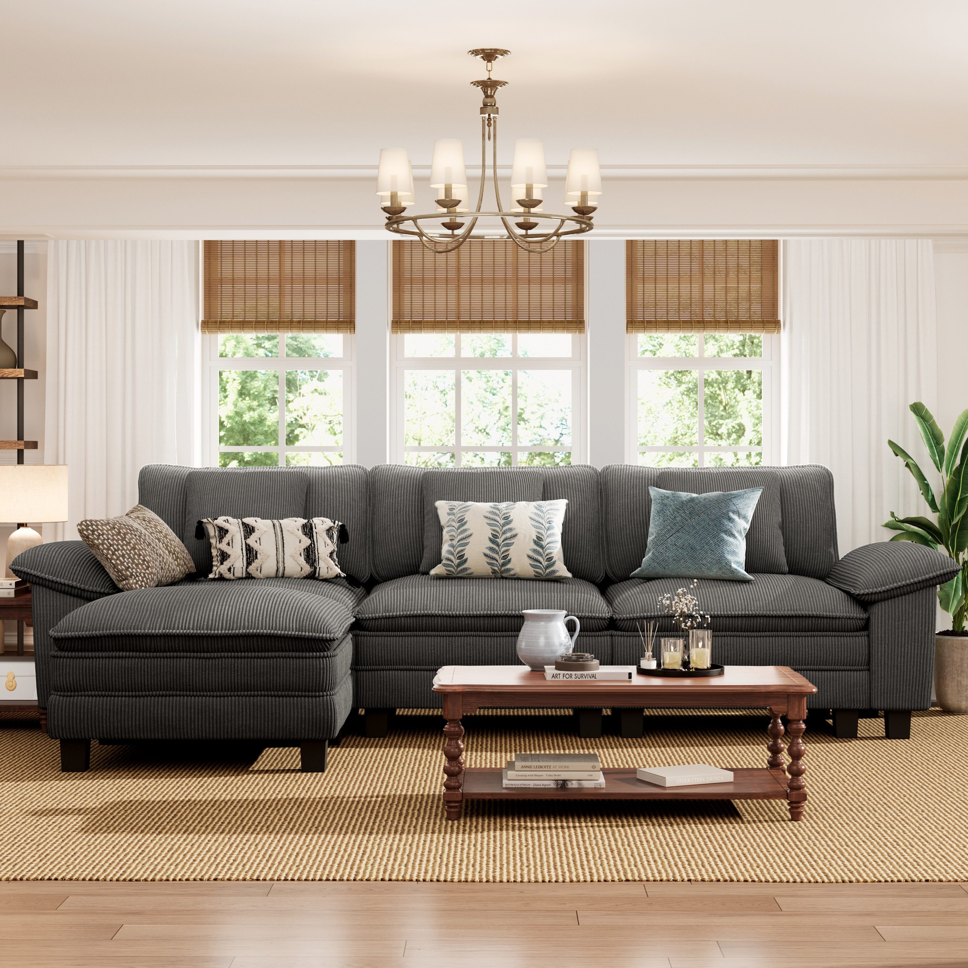 PHI VILLA Ecksofa L-Form Couch, 4-6-Sitzer-Sofa, Modulare Sofas inklusive Zierkissen und Ottomane für das Wohnzimmer