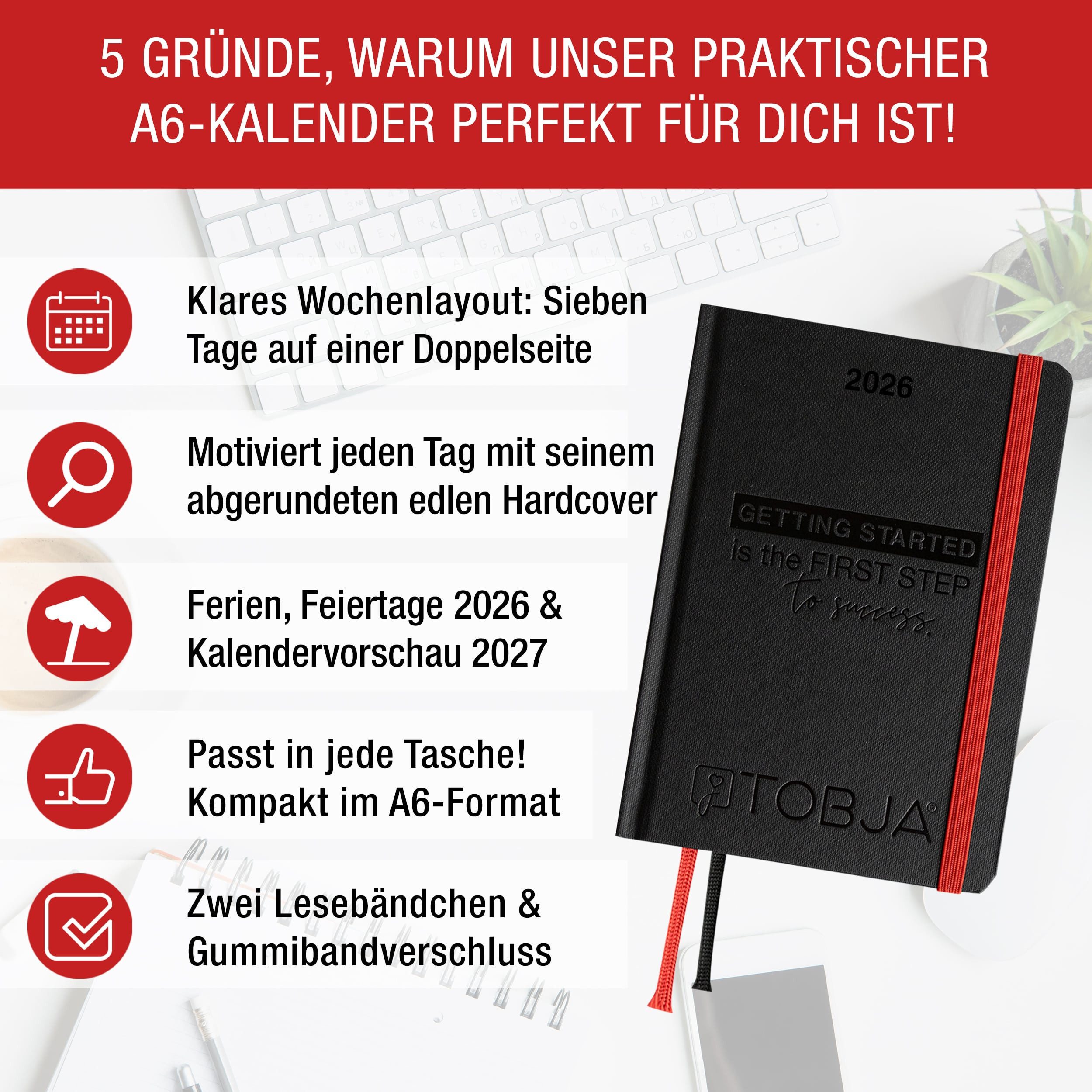 TOBJA Taschenkalender Taschenkalender 2026 A6 schwarz, Hardcover, Taschenkalender 2026 klein, Kalender 2026 A6