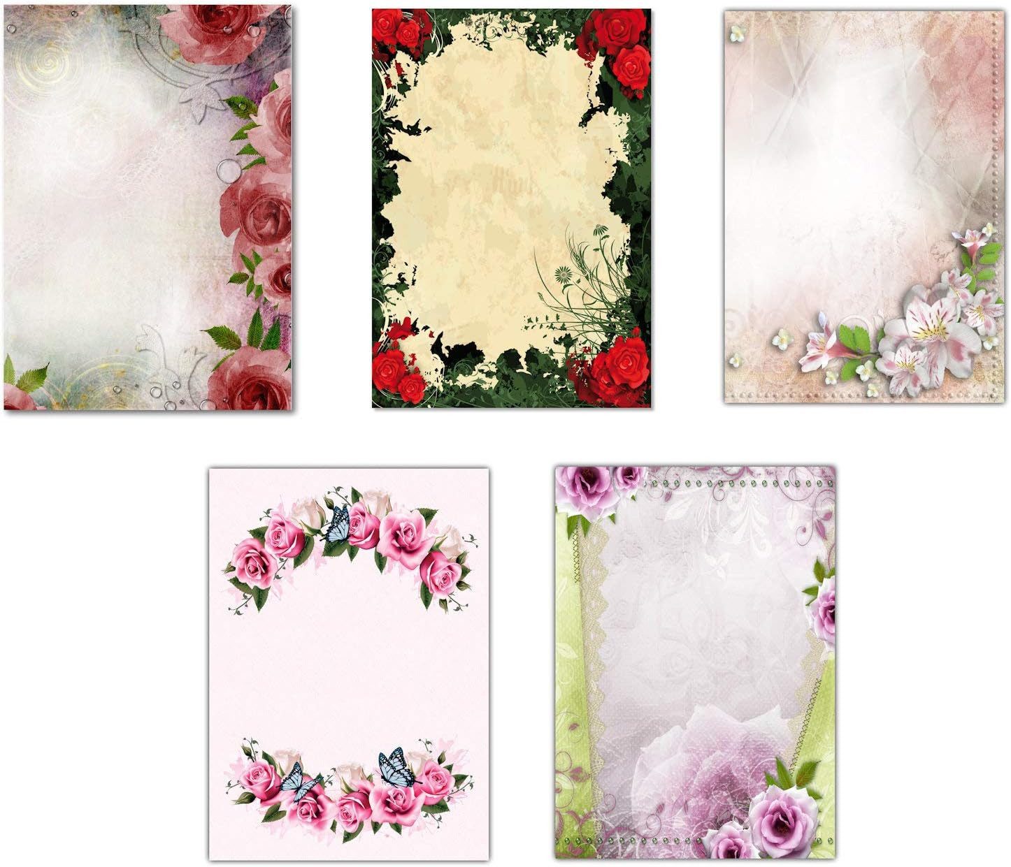 Briefpapier Set Motivpapier DIN A4 Blumen Blüten Vintage Retro Rosen (MPA-5235)