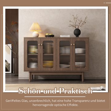 OKWISH Sideboard aus Spanplatte mit Glasvitrine (4 Glastüren), mit vertikalen Streifen, Glasvitrine, 120*40*82cm