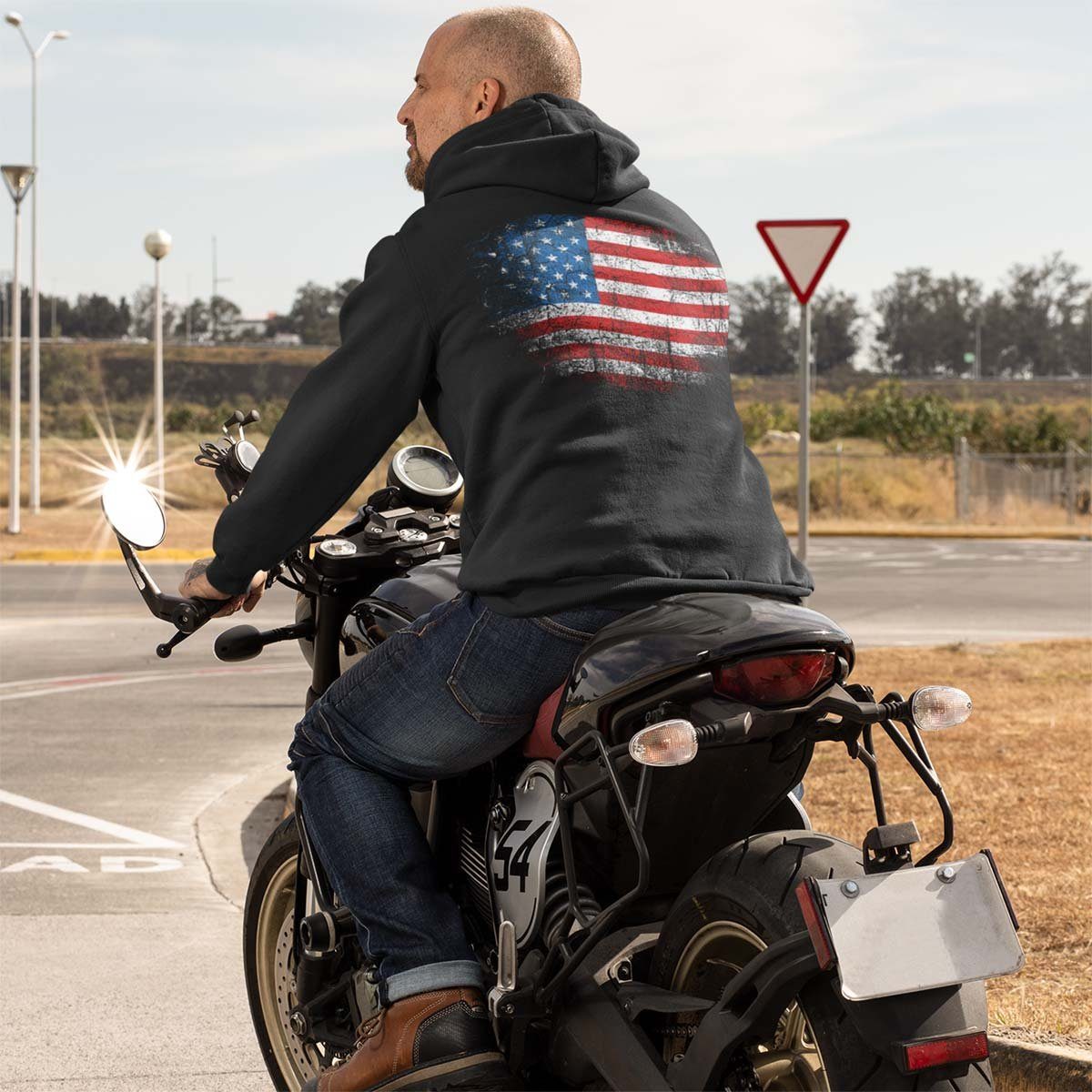 Motiv Stripes Zip Biker mit Kapuzenjacke, Stars Hoodie Schwarz / Motorrad Rebel On and Wheels Kapuzensweatjacke