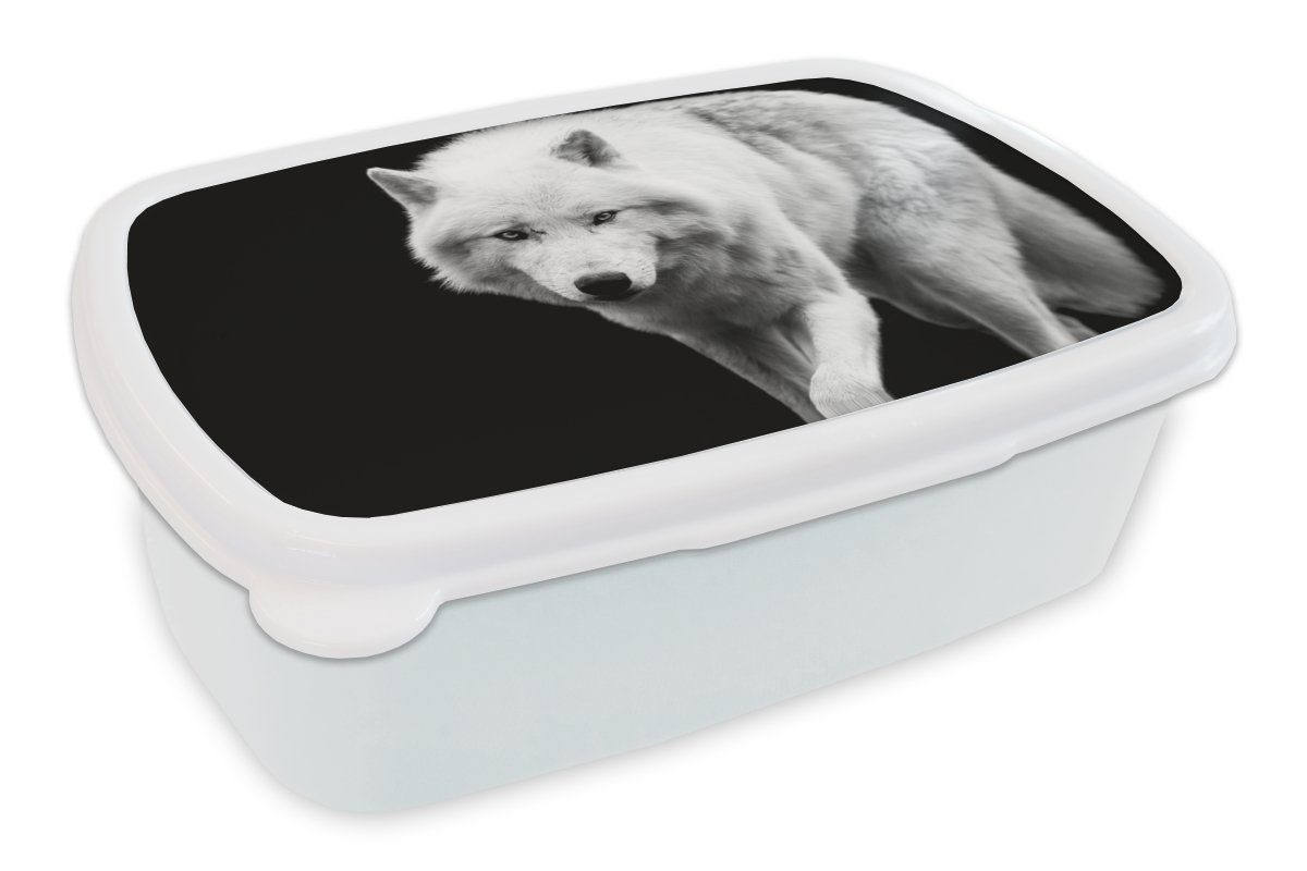 MuchoWow Lunchbox Wolf - Tier - Schwarz - Weiß, Kunststoff, (2-tlg), Brotbox für Kinder und Erwachsene, Brotdose, für Jungs und Mädchen