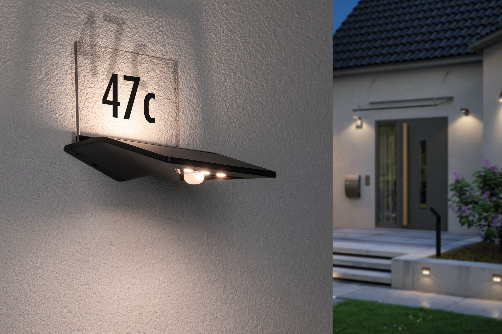 Warmweiß, LED Hausnummernleuchte, LED Außen-Wandleuchte Yoko, Paulmann integriert, Bewegungsmelder, Solar LED-Board, Bewegungsmelder mit fest