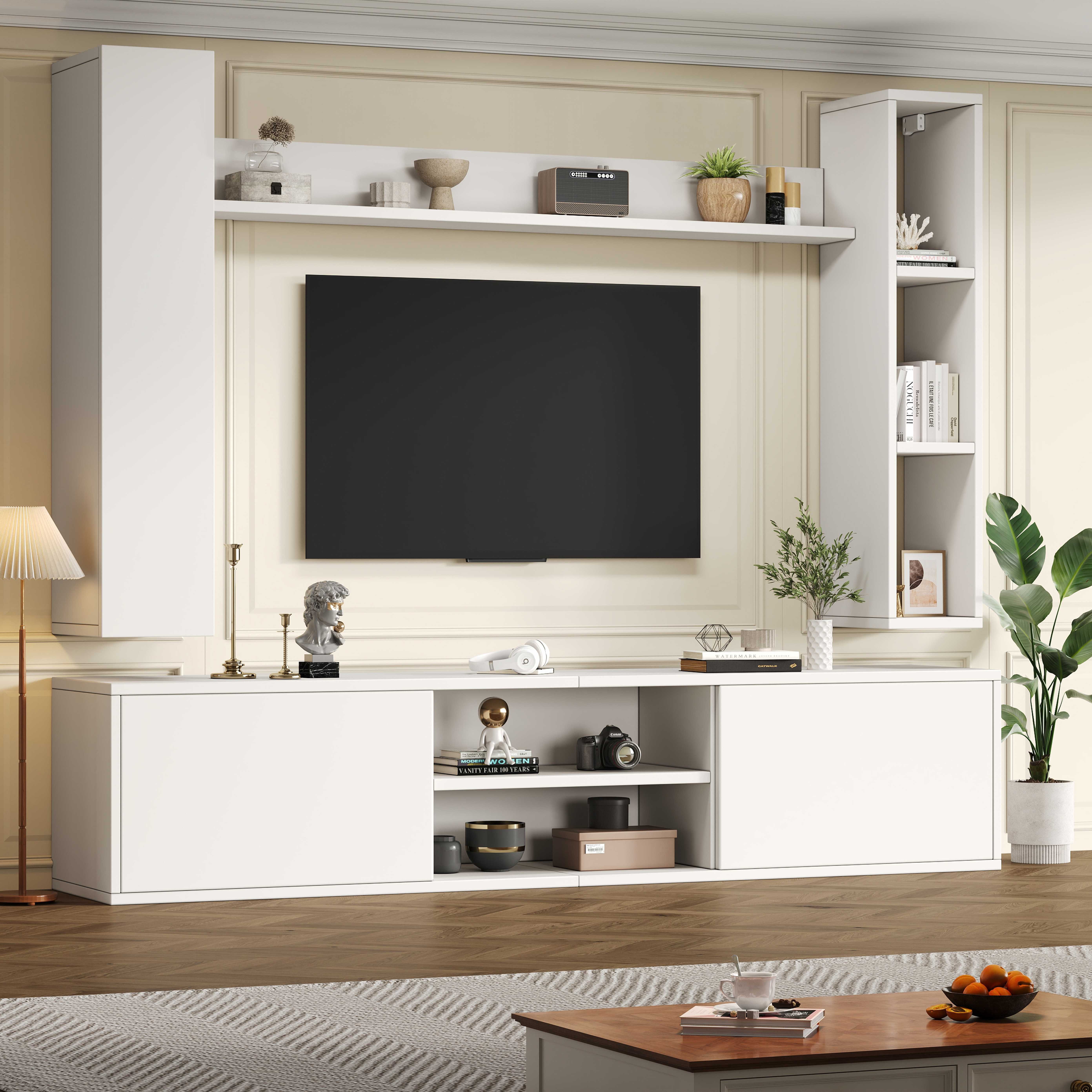 BlingBin TV-Schrank TV-Wohnwand-set TV-Ständer Fernsehschrank (1-St., mit Vitrinen,Mediawand inkl.TV-Board, Standregal und 2 Wandregal) Weiß,TV bis 80',Komplett-Set, 4-St,stehend&hängend