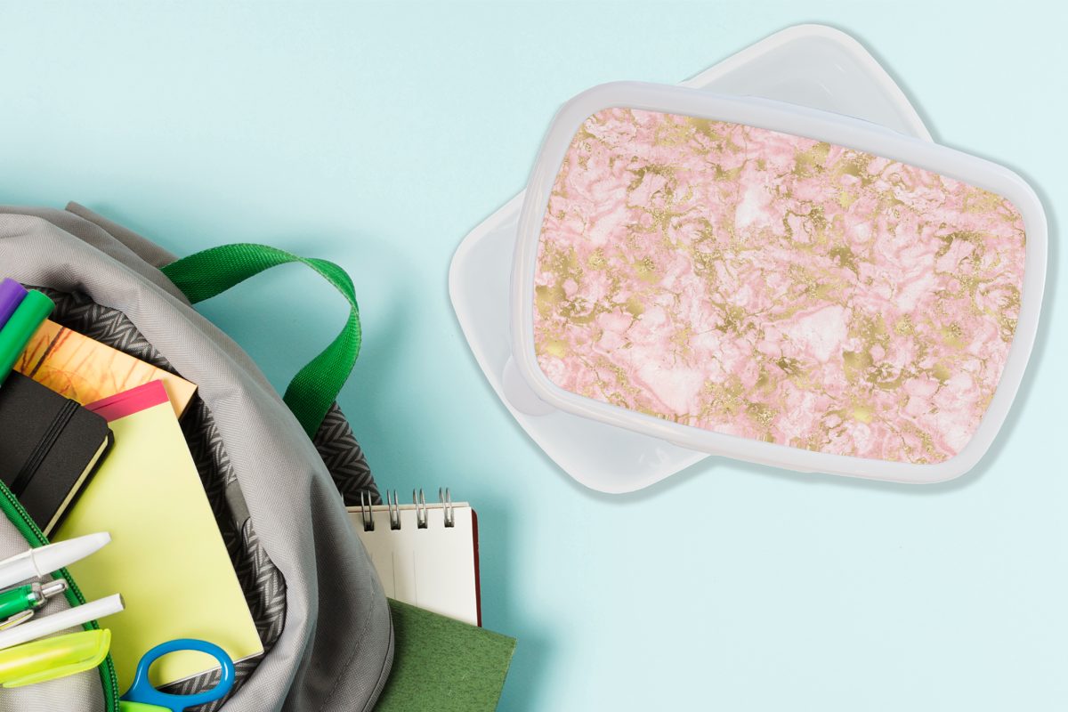 Marmor Lunchbox Jungs Kunststoff, Design, MuchoWow weiß - Brotdose, - Mädchen und für Kinder und Brotbox Erwachsene, für (2-tlg), Gold