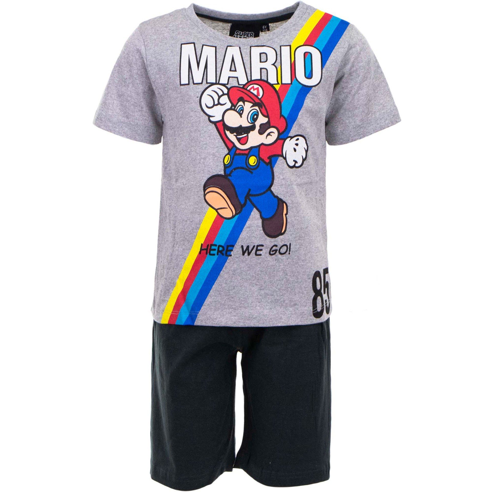 Super Mario Schlafanzug Here We Go Jungen Pyjama Gr. 98 bis 128, Baumwolle, Grau Schwarz