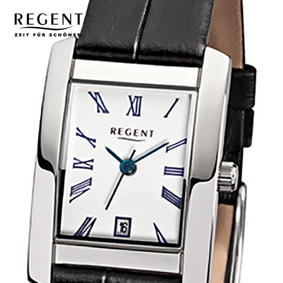 Regent Quarzuhr Regent Damen-Armbanduhr schwarz Analog, Damen Armbanduhr  eckig, klein (ca. 22mm), Lederarmband