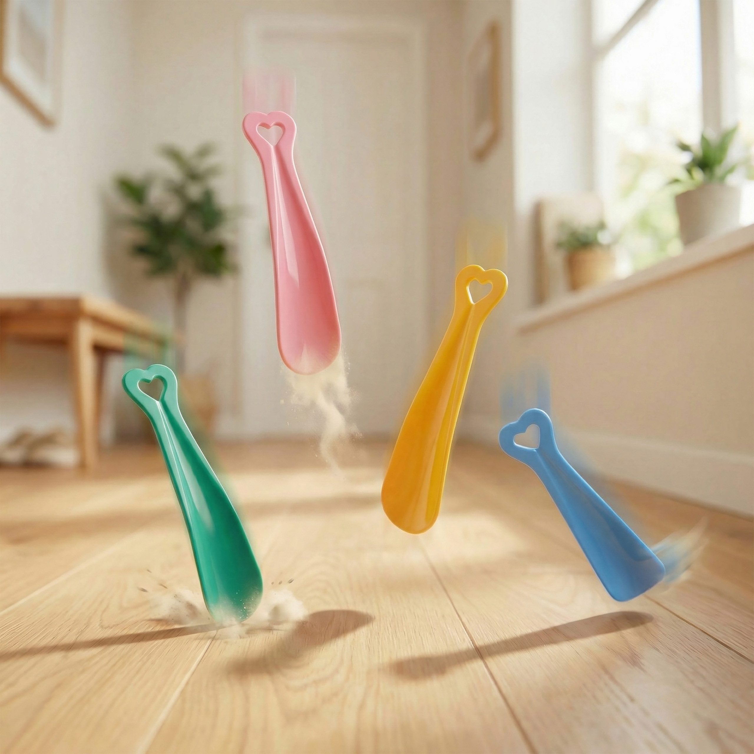 Lantelme Schuhlöffel 4 Stück Baby Schuhlöffel Set bis Schuhgröße 24 Schuhanzieher, 4 Teilig Kunststoff mit lächelnden Figuren in Grün Blau Gelb Rosa – Bild 5 von 5