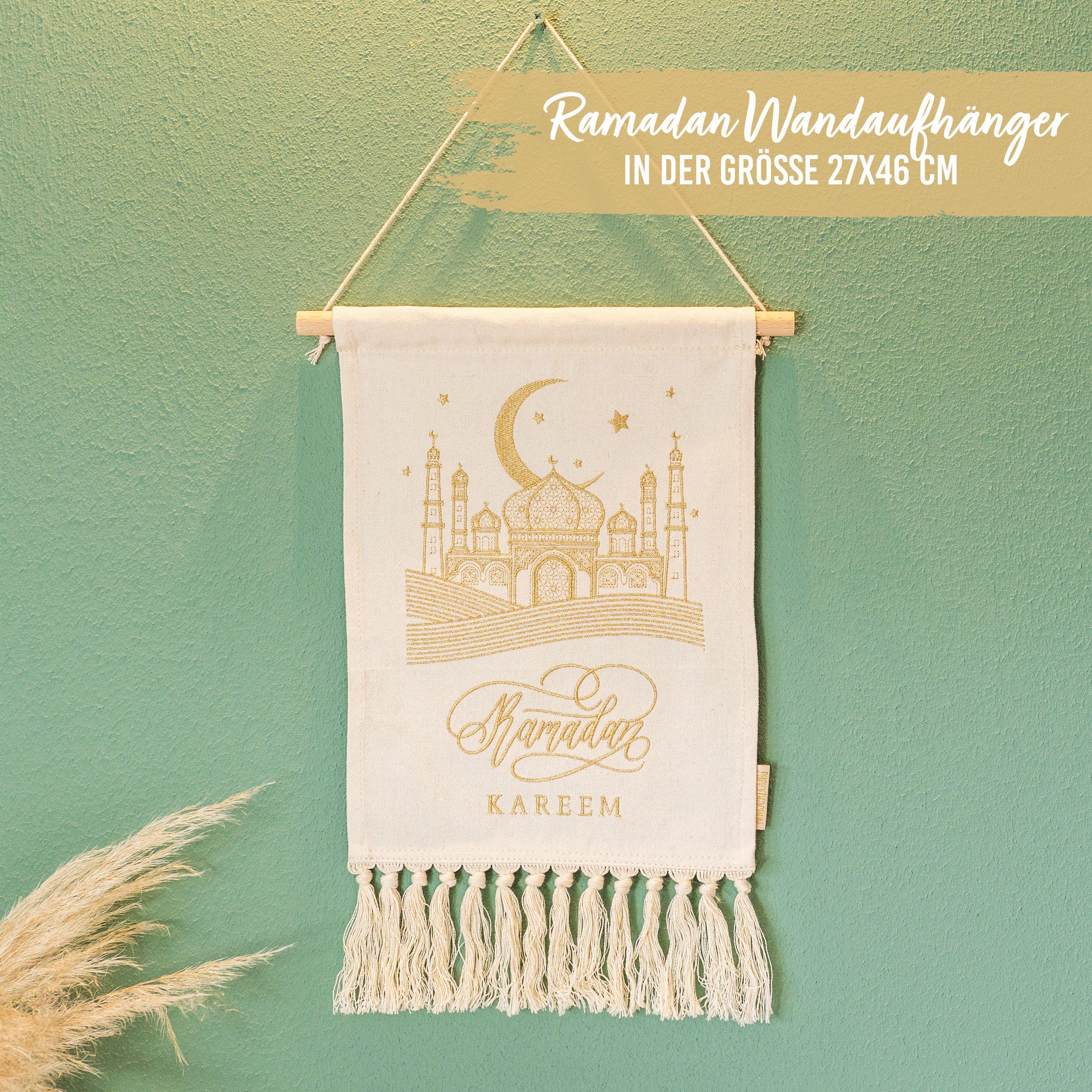 PAPIERDRACHEN Wanddekoobjekt Ramadan Wandbehang als dekorativer Hingucker - hochwertig Bestickt, beige & gold - wiederverwendbar