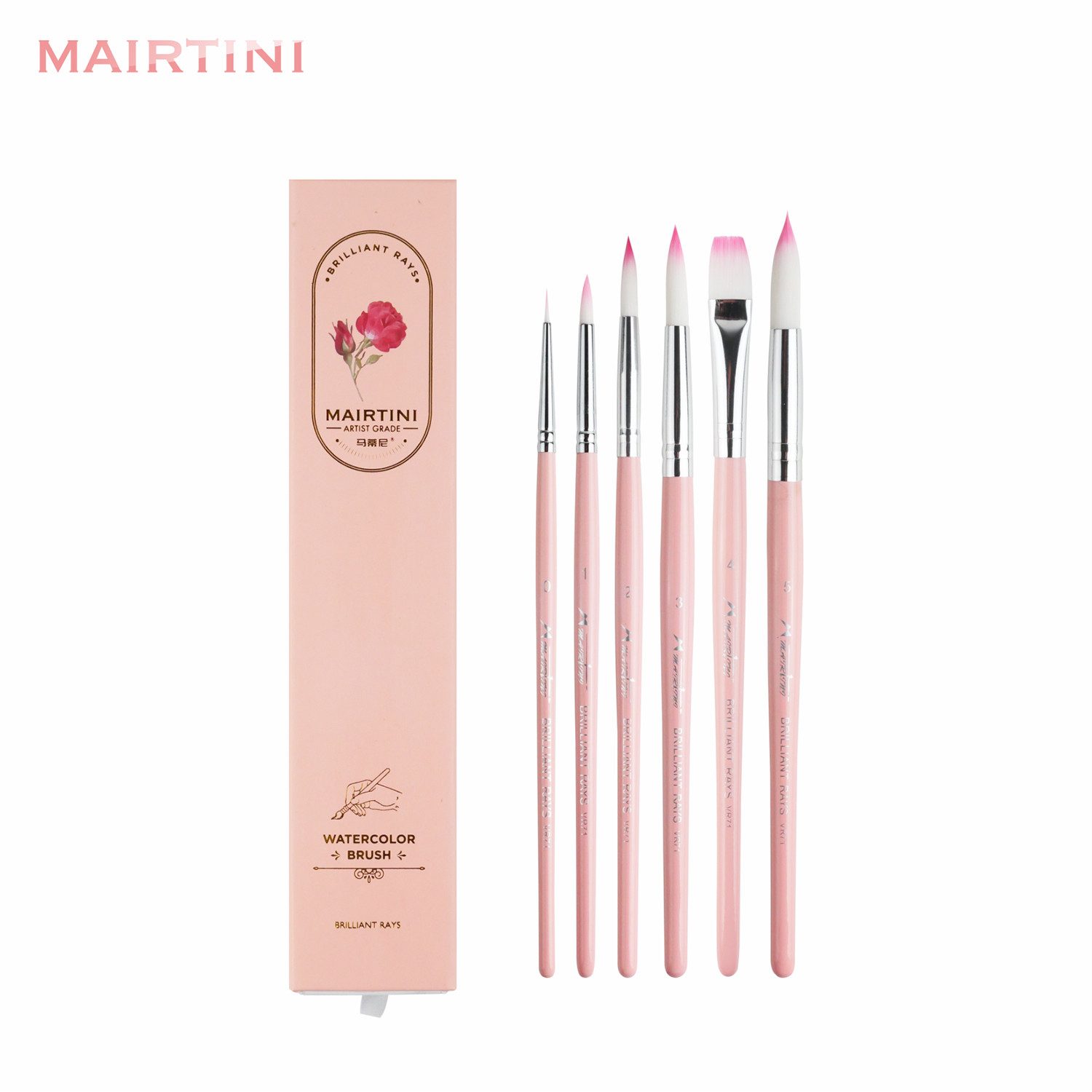 Mairtini Pinsel Brilliant Rays Academy Set – 6 Pinsel (Größe 0 / 1 / 2 / 3 / 4 / 5), (6 St), Vielseitige Pinsel mit rosa Griffen & eleganter Geschenkverpackung