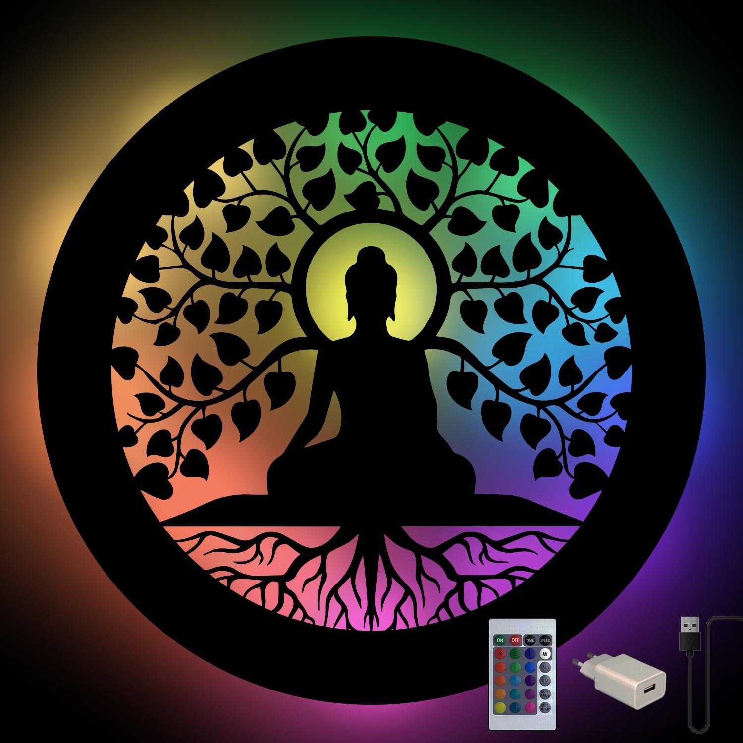 Namofactur LED Wandleuchte RGB Yoga, Buddha Baum Wanddeko, Meditation Wandlampe aus Holz, LED fest integriert, Farbwechsler