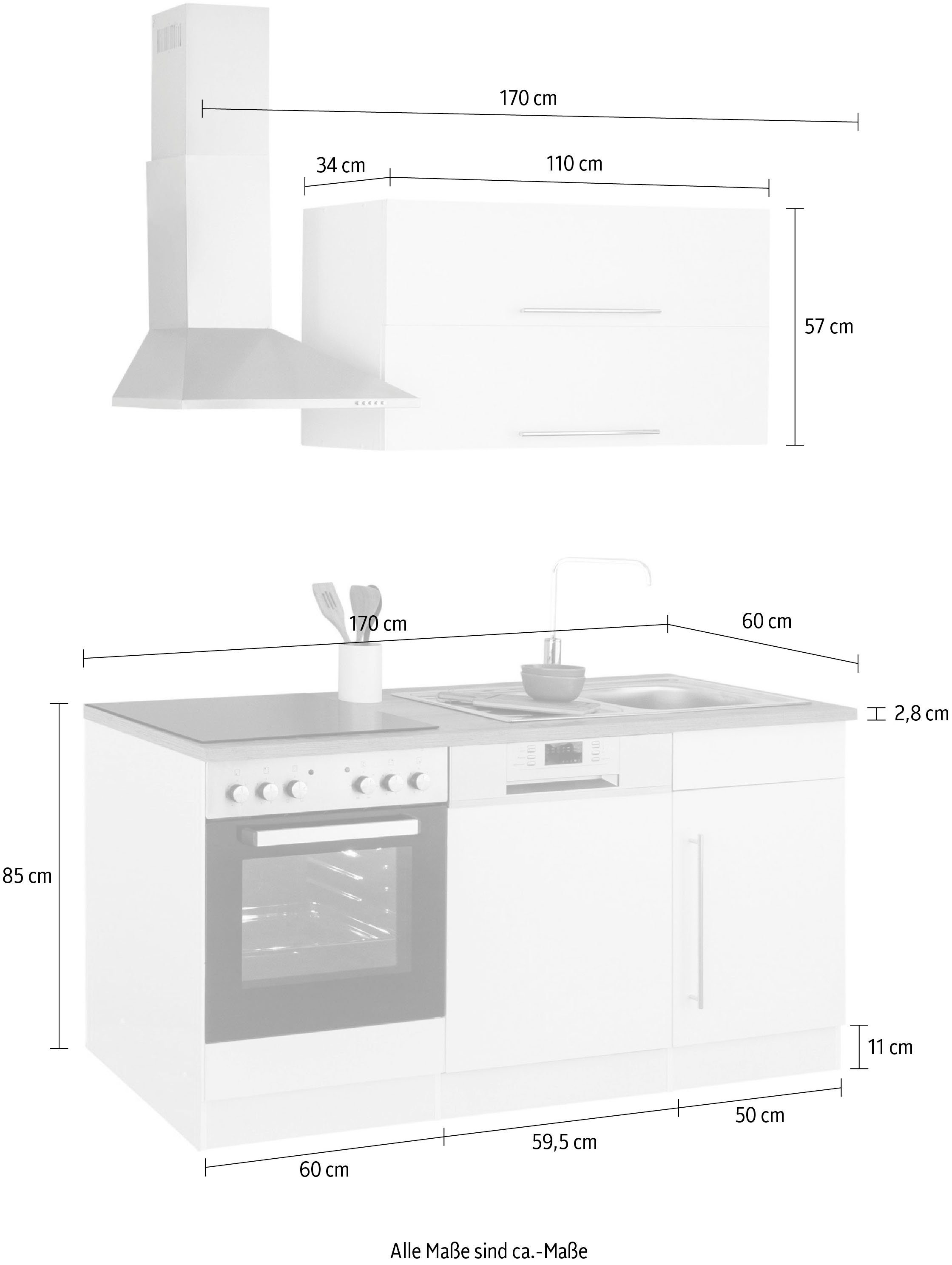 170 Oxid/wotaneichefarben HELD wotaneichefarben | Küchenzeile E-Geräten, beton MÖBEL Breite cm mit Samos,