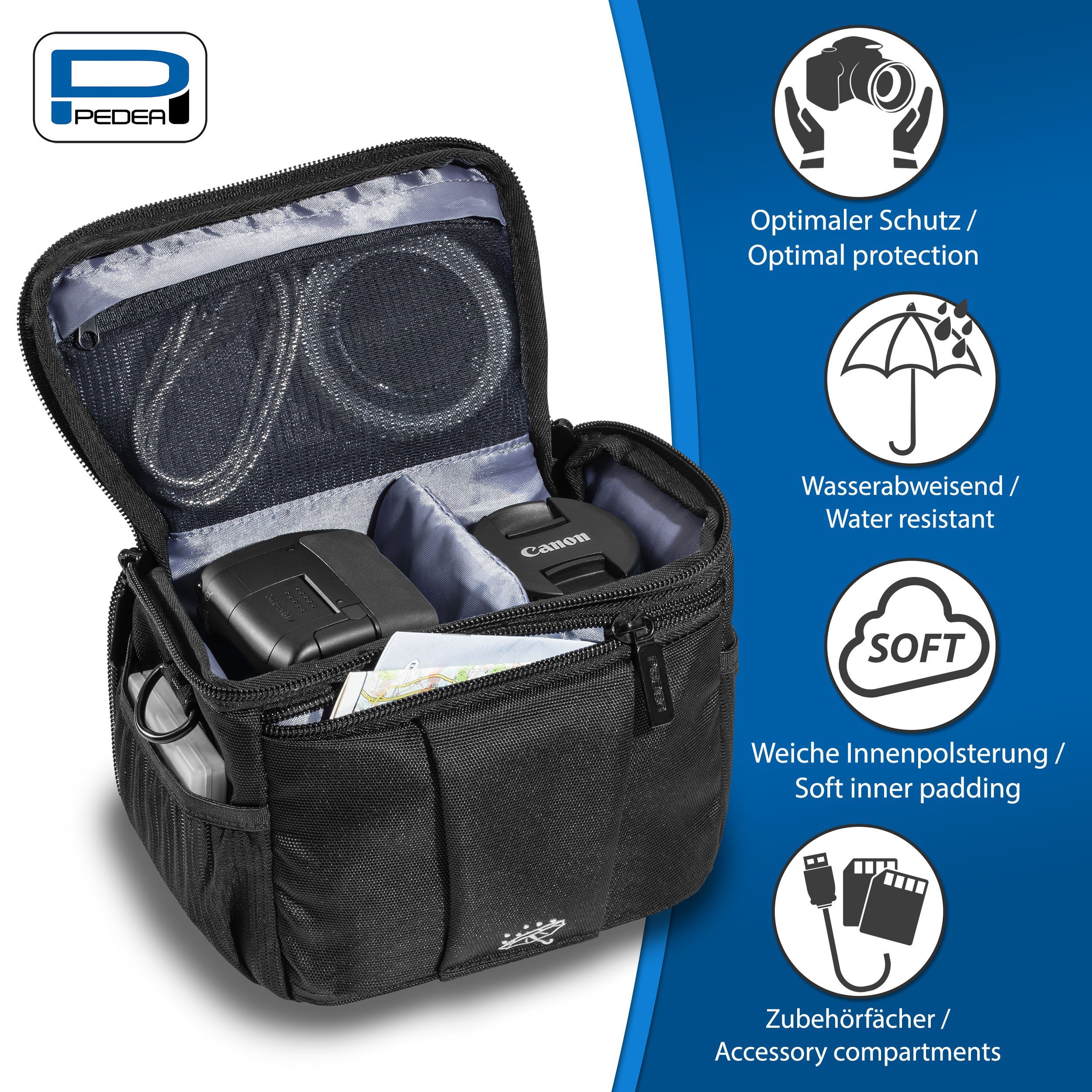 PEDEA Kameratasche GUARD Fototasche gepolstert, mit Gurt und Zubehörfächer, Regenschutz, Schultergurt, Zubehörfächer