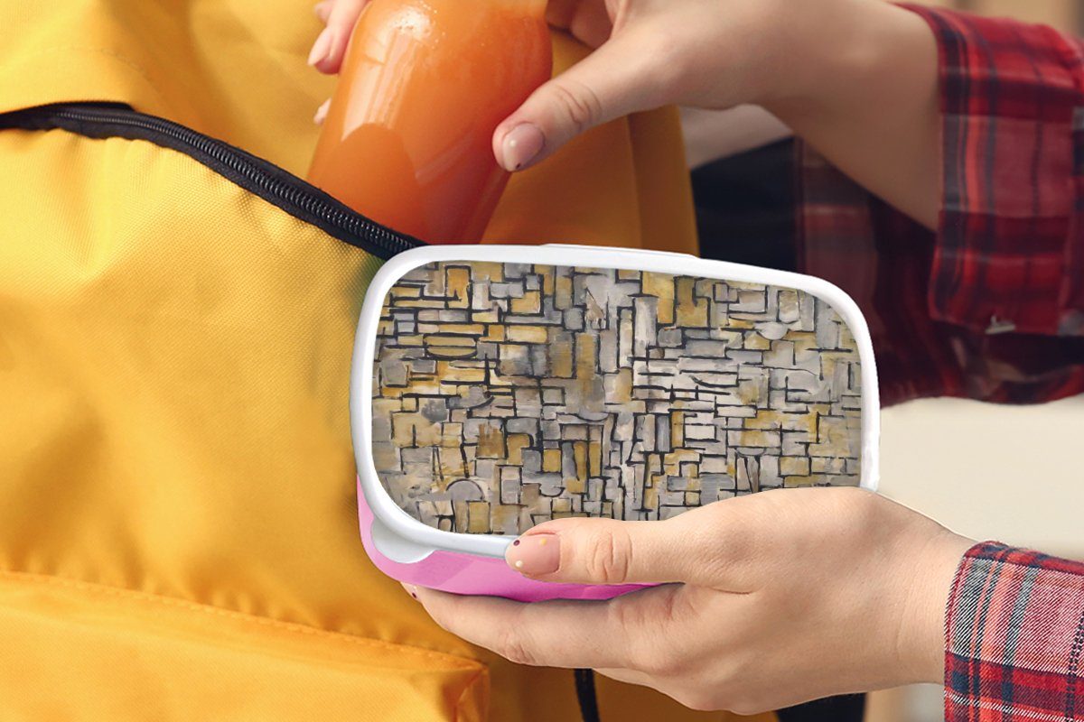 MuchoWow Lunchbox Mondrian - Kunst Meister, Erwachsene, Kinder, Kunststoff, Brotdose Kunststoff Brotbox Alte Snackbox, - Mädchen, für (2-tlg), rosa