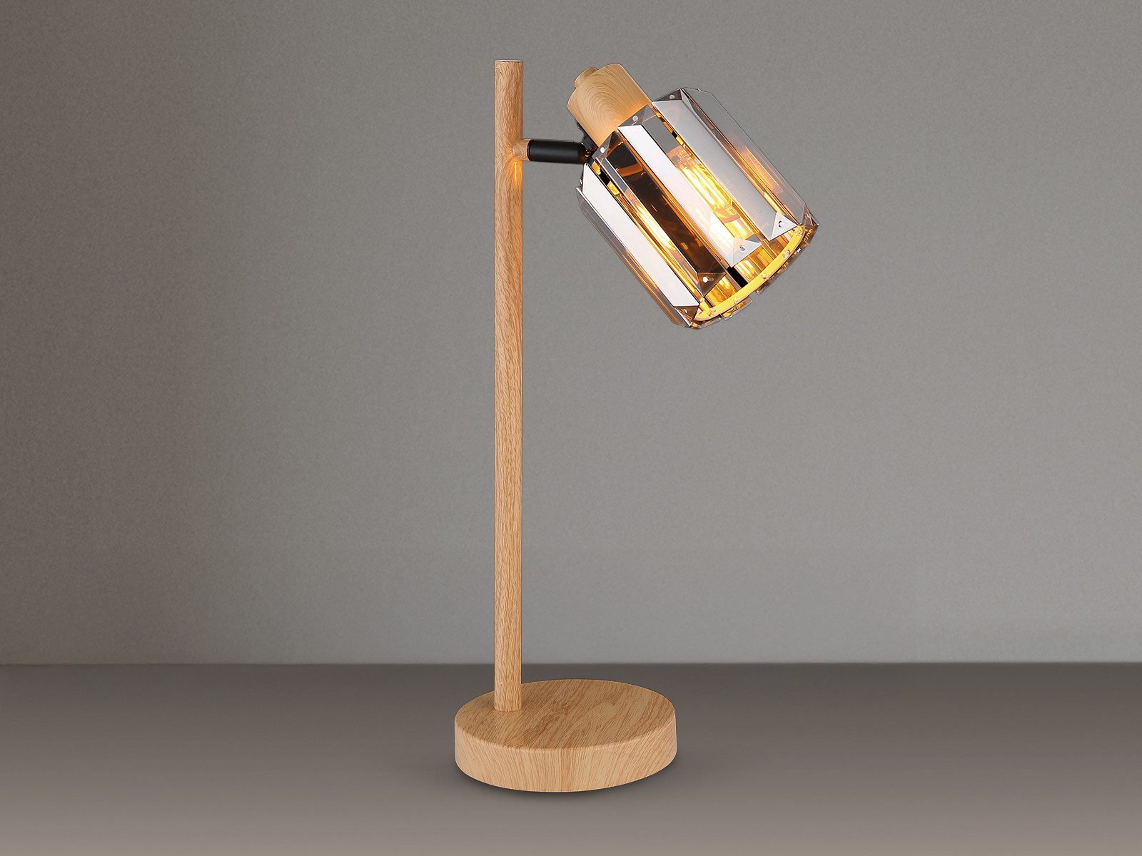 NOWA LED Nachttischlampe Schirm Rauchglas Kristall Höhe 40cm, Dimmfunktion, LED wechselbar, Warmweiß, große ausgefallene Tischlampe Metall Holzoptik, Leuchtmittel dimmbar
