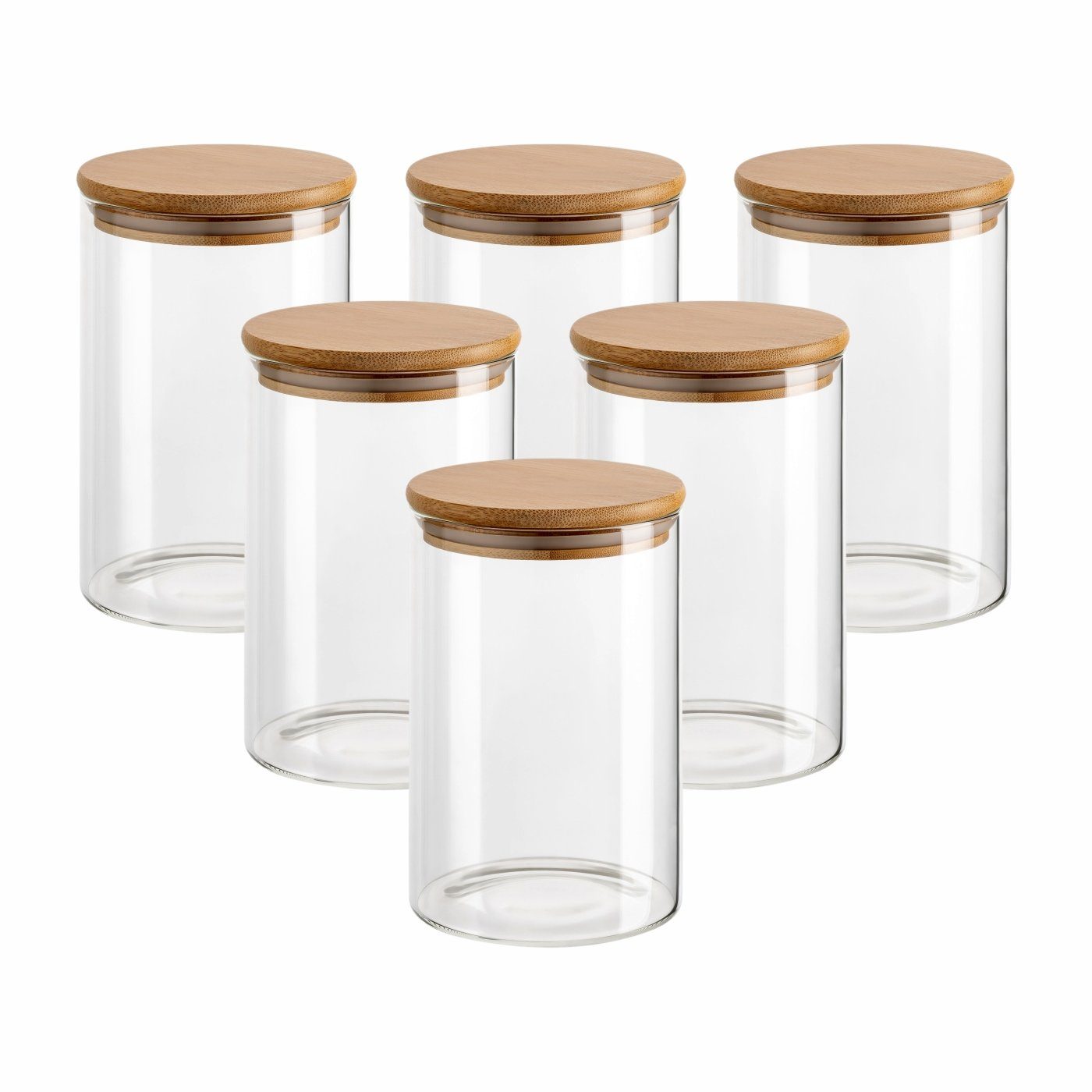 gouveo Vorratsglas aus Borosilikatglas rund mit Bambus-Deckel - Aufbewahrungsgläser, (6-tlg., 500 ml)
