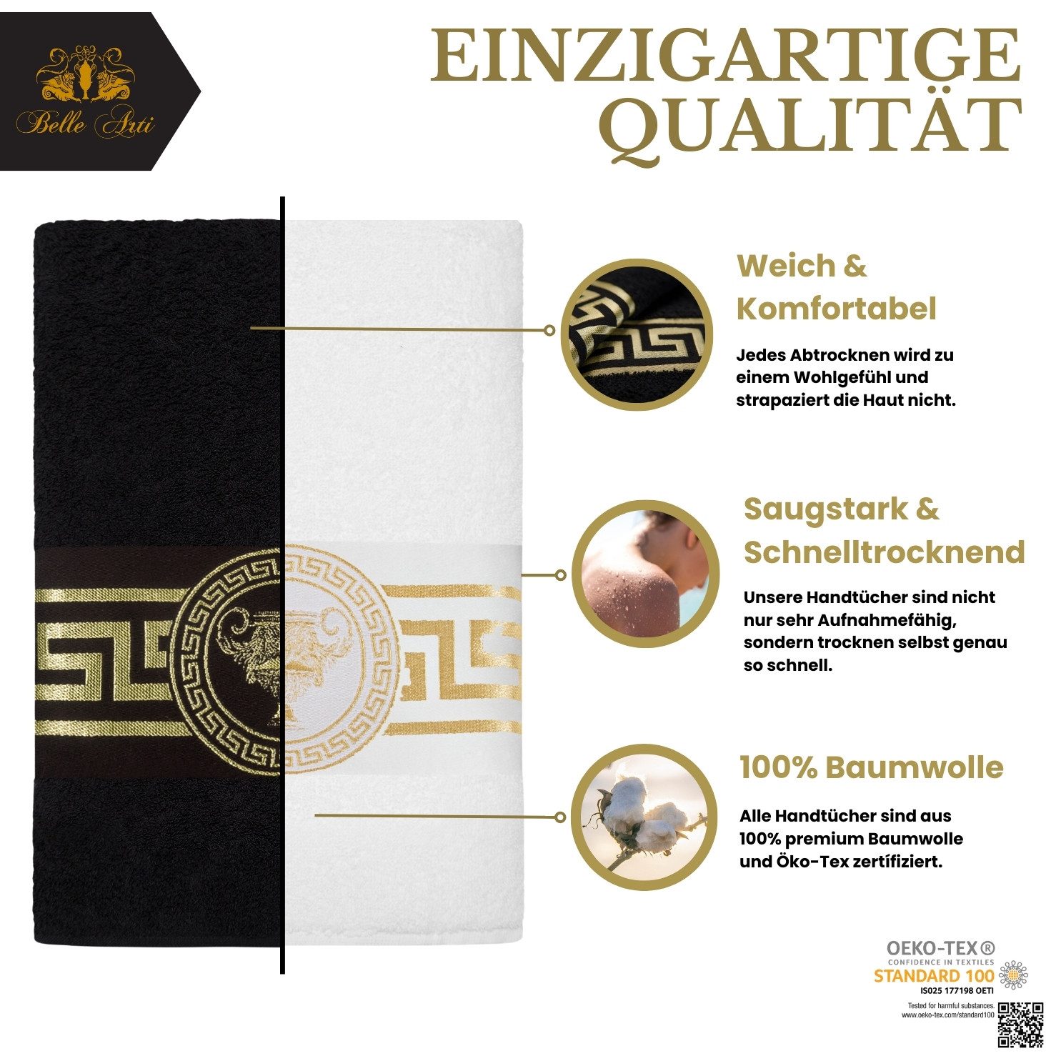 Belle Arti Handtücher Gästehandtücher Badetücher Duschtücher Saunatücher Mäander Amphore Set, (1-St), schwarz weiss, gold hochwertig eingestickt Baumwolle weich – Bild 5 von 5