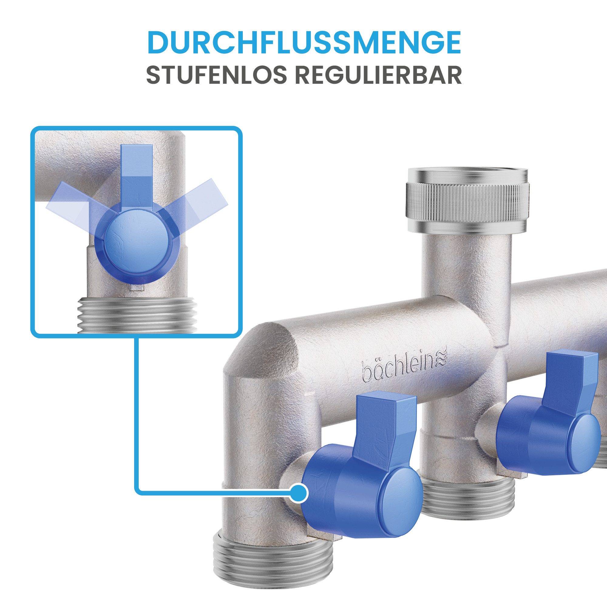 Bächlein 3-Wege Verteiler Bächlein Y-Verteiler mit Absperrhähnen - G 3/4" Wasserverteiler, deal für Gartenschlauch, Waschmaschine, Wassertank und mehr