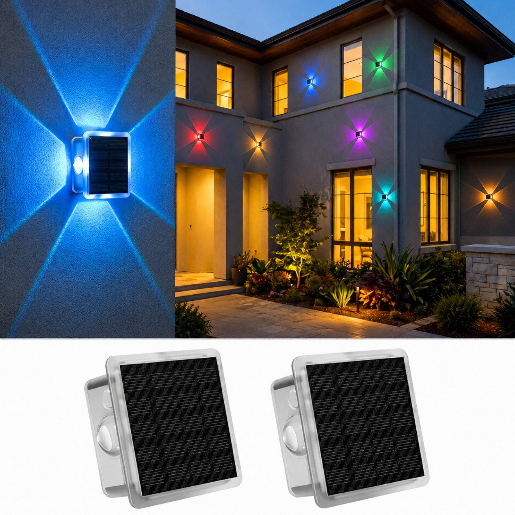 Vornix LED Außen-Wandleuchte Solar nfür, Up and Down Solarlampen für Außen Wand, 2/4 Stück, IP66 Wasserdicht, 4 LEDs, 8 Farbmodi Solarleuchten für Garten Hof Terrassen Balkone Veranden