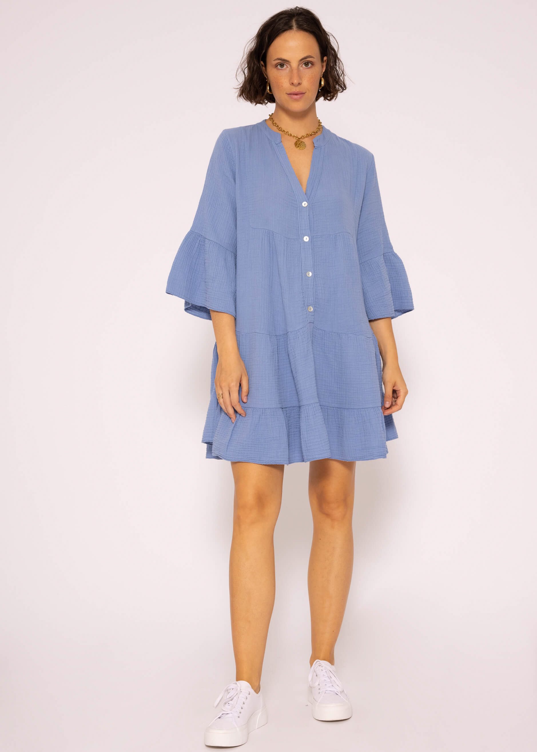 SASSYCLASSY Minikleid Musselin Sommer Kleid 3/4 Ärmel und Volants, 100 % Baumwolle, Made in Italy