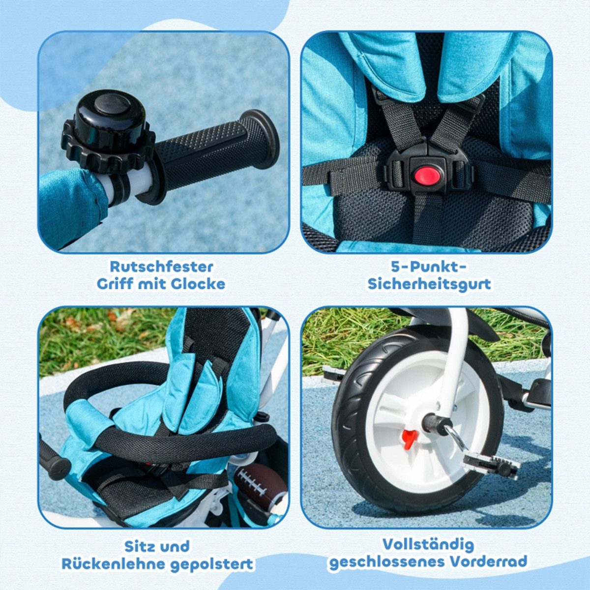 XDeer Dreirad Kinderdreirad 6-in-1 mit Schiebestange Dach Gurt und Ablagekorb, Dreirad Kinderwagen Fahrrad für 1-5 Jahre Kinder