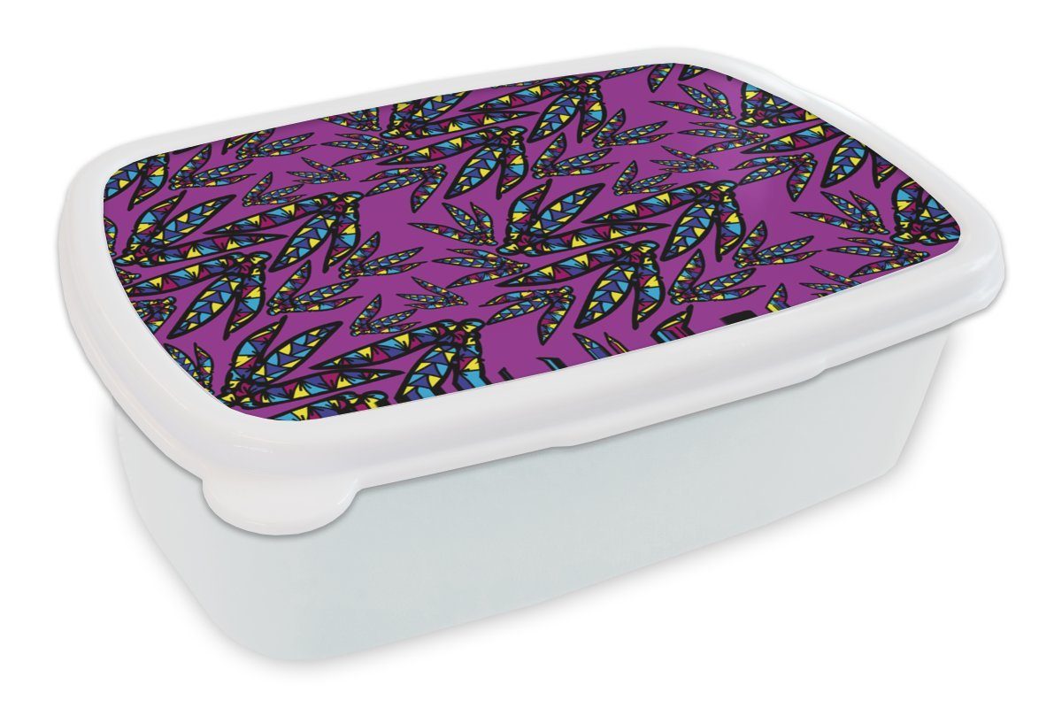 MuchoWow Lunchbox Federn - Muster - Federn - Lila, Kunststoff, (2-tlg), Brotbox für Kinder und Erwachsene, Brotdose, für Jungs und Mädchen weiß