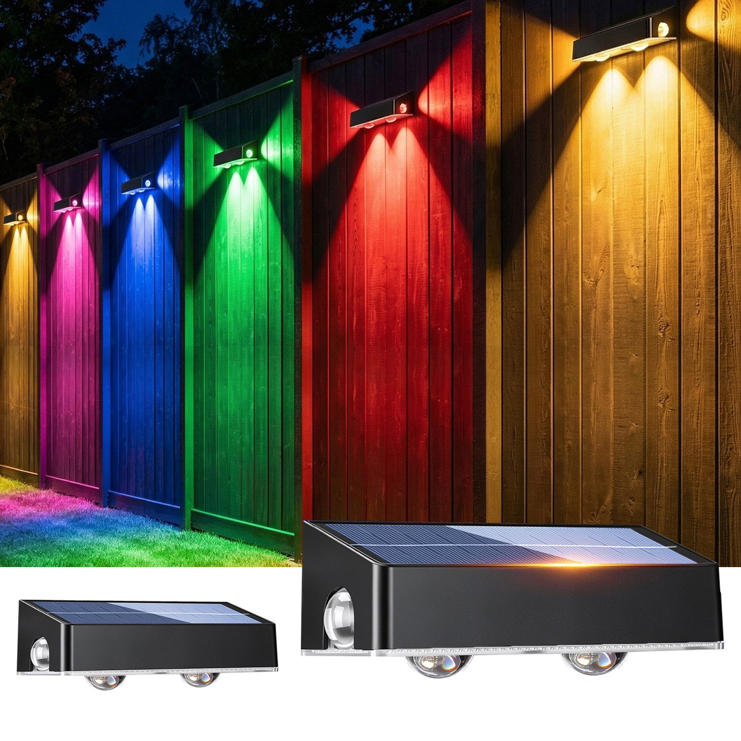oyajia Außen-Wandleuchte 4 Stück Solarlampe für Außen, LED Solarleuchte Außen Wandlampe Up Down, LED fest integriert, Kaltweiß, Warmweiß, RGB, RGB LED Solarleuchte für Veranda, Garten, Terrasse, Zaun, Wand, Balkon