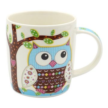 Dekohelden24 Tasse 2er Set Kaffeebecher Kaffeetasse aus Porzellan - Motiv: bunte Eulen, Porzellan