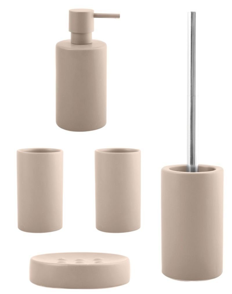 spirella Badaccessoires-Sets TUBE MATT BUNT, Zubehör-Set aus hochwertiger Keramik, 5 tlg., bestehend aus: WC-Bürste, Seifenspender, 2x Zahnputzbecher, Seifenschale, aktuell angesagte Trendarben, elegante Matt-Optik, taupe beige-grau, Komplett-Set Badezimmerzubehör, 5 tlg.