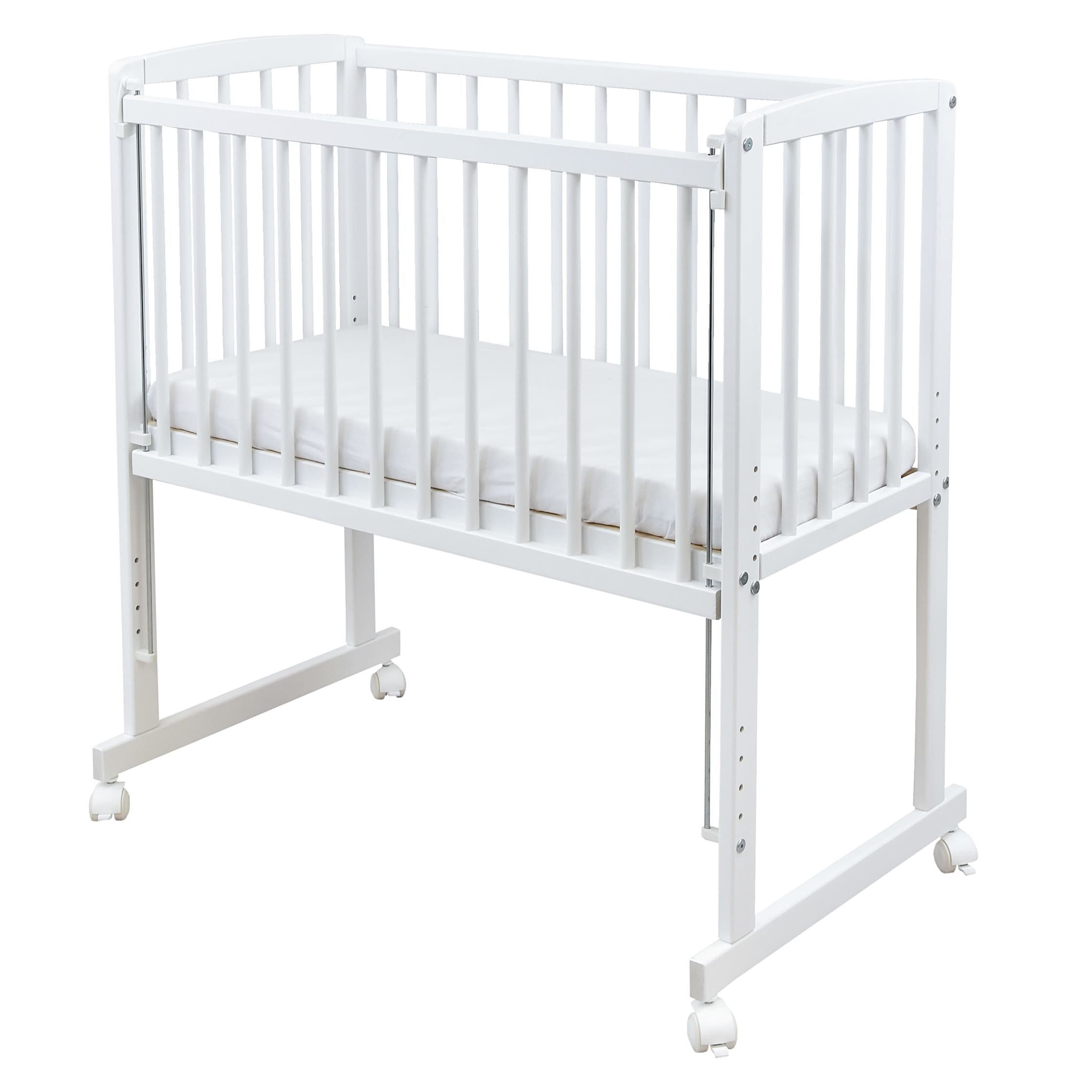 Baby-Delux Stubenbett Beistellbett Komplettset Waffelpique Musselin, Stillbett 90x40 weiß höhenverstellbar, Matratze inkl. komplett Set