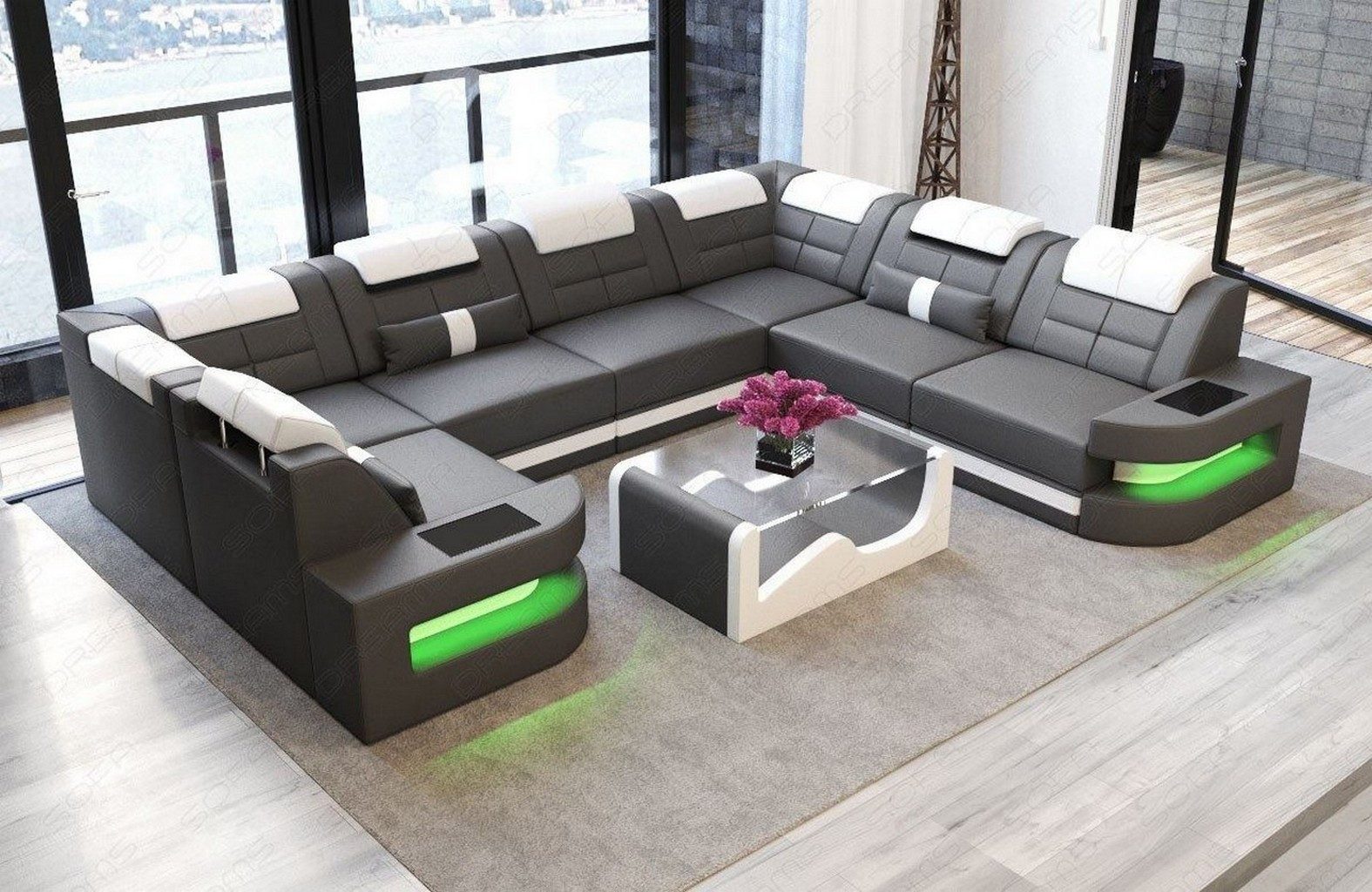 Sofa Dreams Wohnlandschaft Como U Form Leder, Couch, Couch, LED-Beleuchtung, Breite 338cm, Zierkissen, USB