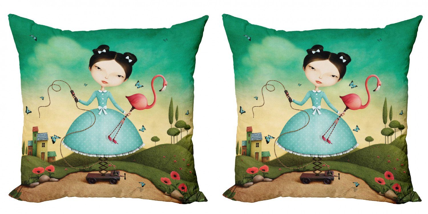 Kissenbezüge Modern Accent Doppelseitiger Digitaldruck, Abakuhaus (2 Stück), Wandgemälde Mädchen und Flamingo Spielzeug