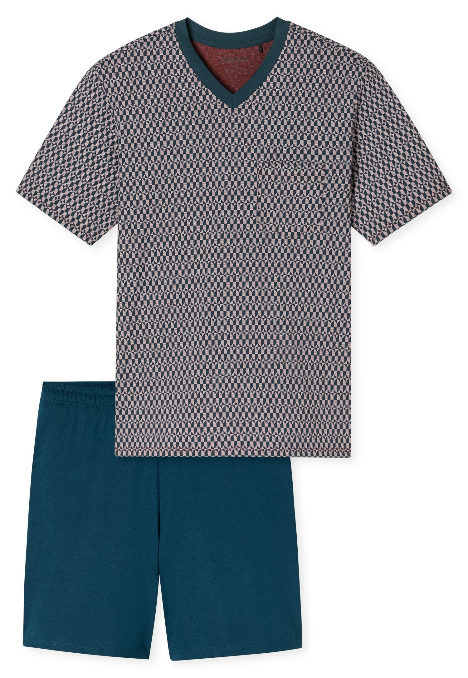 Schiesser Shorty Comfort Nightwear (2 tlg) mit klassischem Karo-Muster, V-Ausschnitt und aufgesetzter Brusttasche