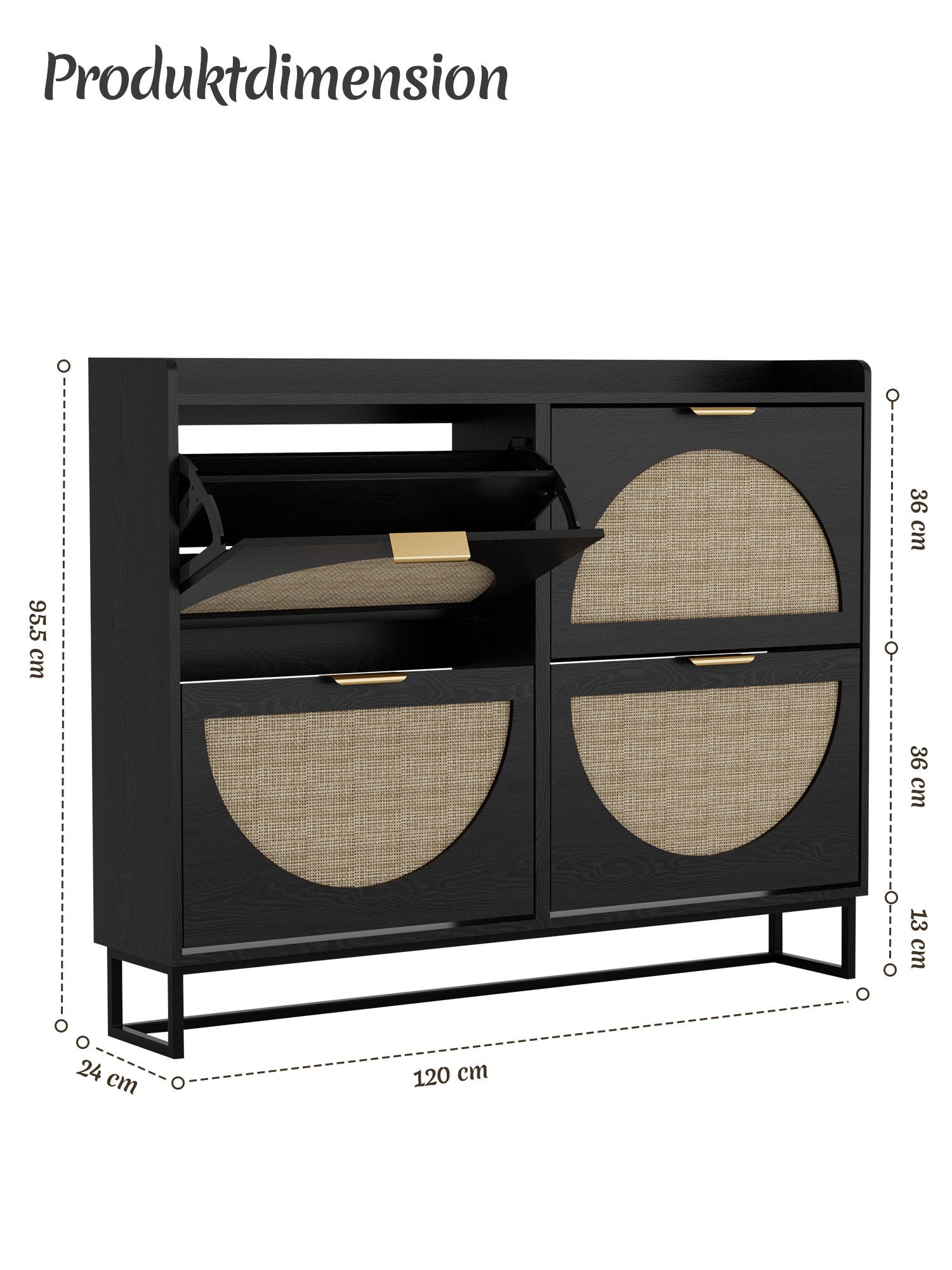FiveWillowise Schuhschrank Schuhschrank Schmal, Schuhkipper mit Verstellbar, Holz Schuhregal mit 4 Klappen, 120x24x95.5 cm, Schwarz